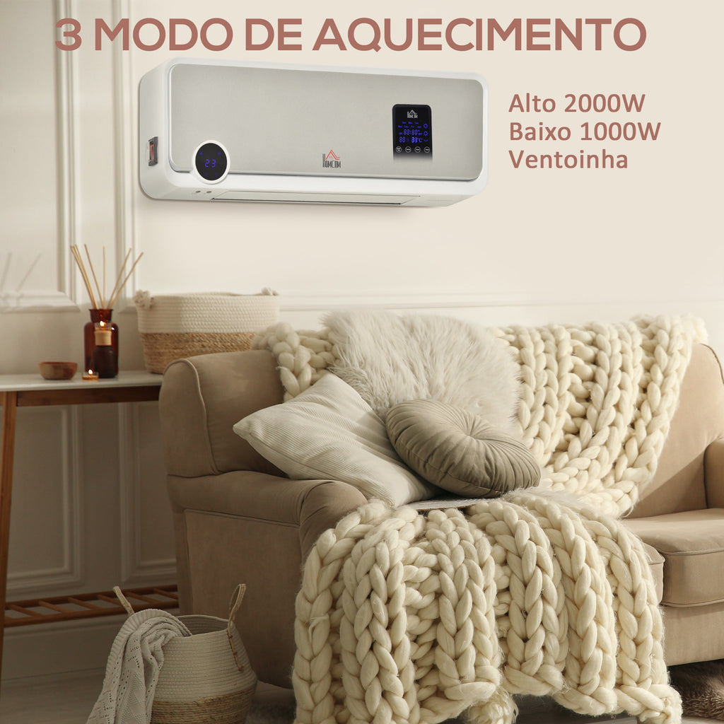 HOMCOM Aquecedor Cerâmico de Parede 1000W/2000W com Controle Remoto Tela LED Temporizador de 12h Termostato e Proteção contra Superaquecimento 56x18,5x11,7cm Branco - A minha loja