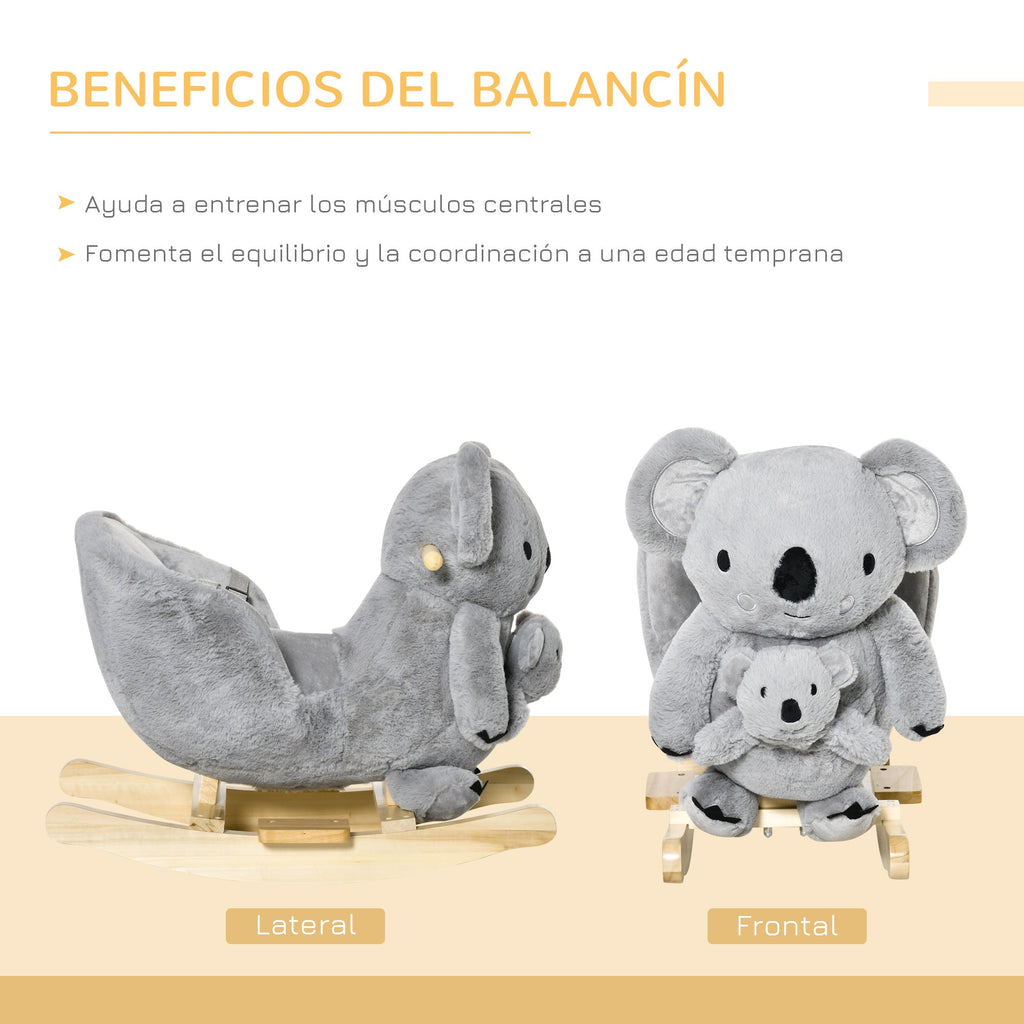 HOMCOM Baloiço Infantil com Forma de Coala com Fantoche para Bebés 18 - 36 Meses com Som Cinto de Segurança e Apoio para os Pés 60x33x50cm Cinza - A minha loja