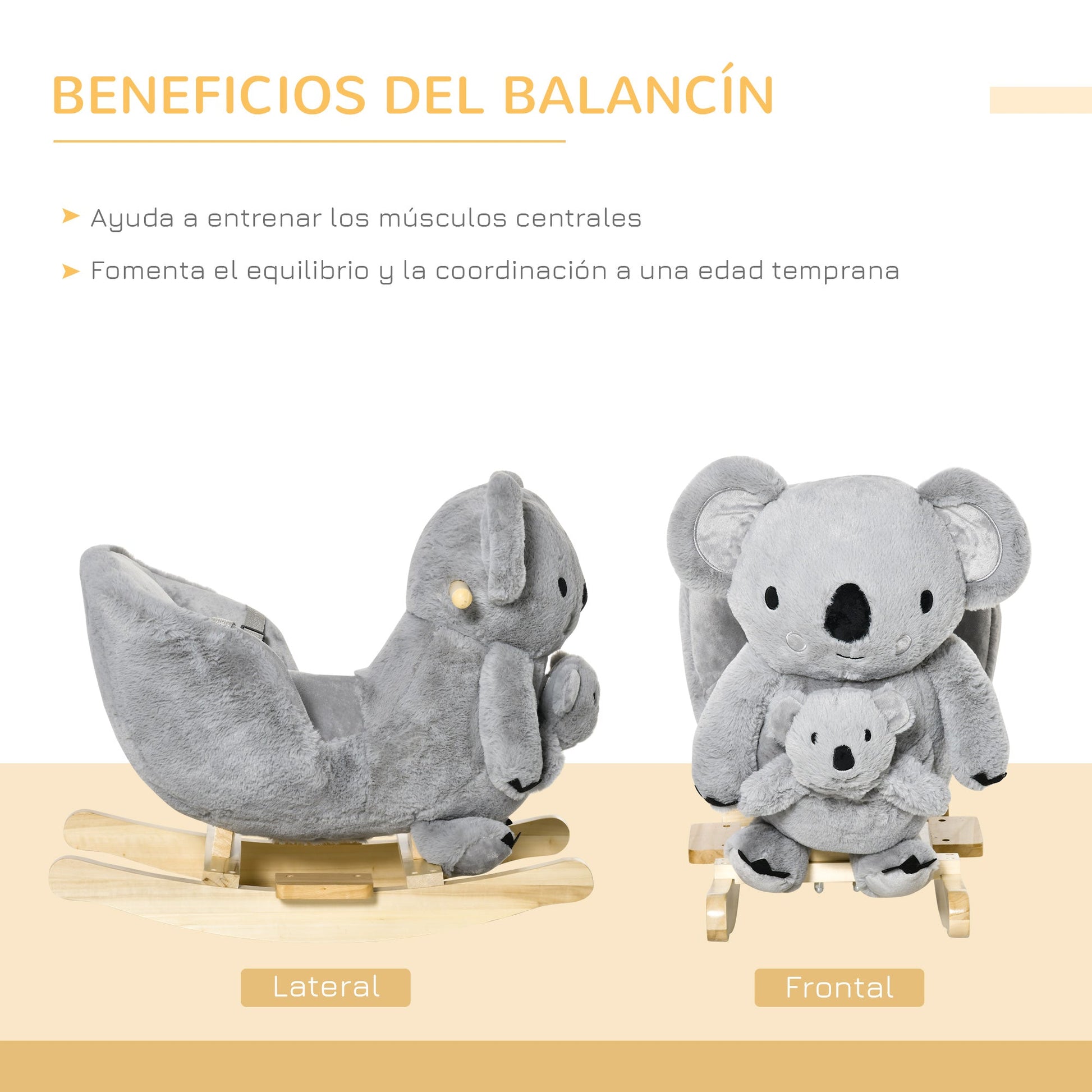 HOMCOM Baloiço Infantil com Forma de Coala com Fantoche para Bebés 18 - 36 Meses com Som Cinto de Segurança e Apoio para os Pés 60x33x50cm Cinza - A minha loja