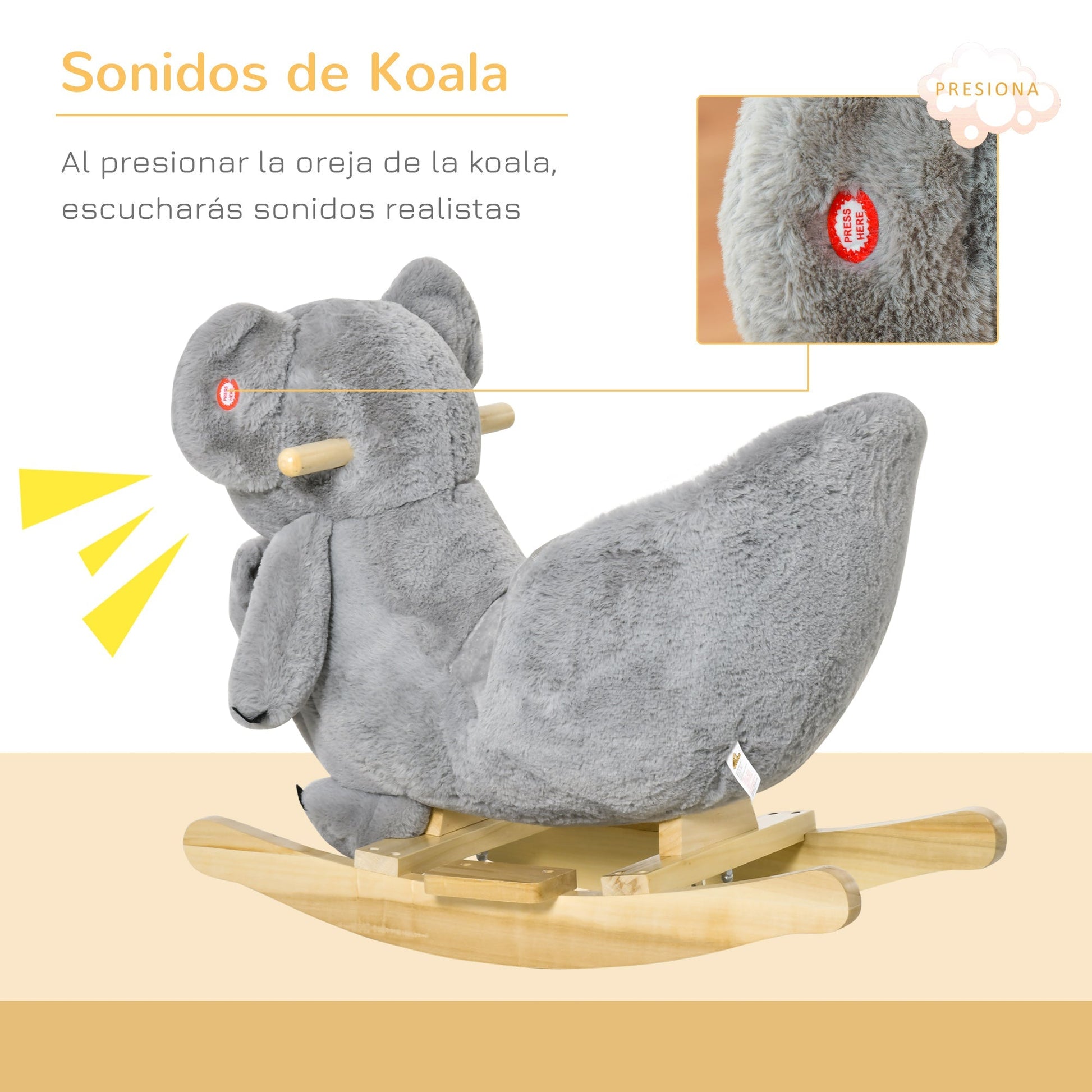 HOMCOM Baloiço Infantil com Forma de Coala com Fantoche para Bebés 18 - 36 Meses com Som Cinto de Segurança e Apoio para os Pés 60x33x50cm Cinza - A minha loja