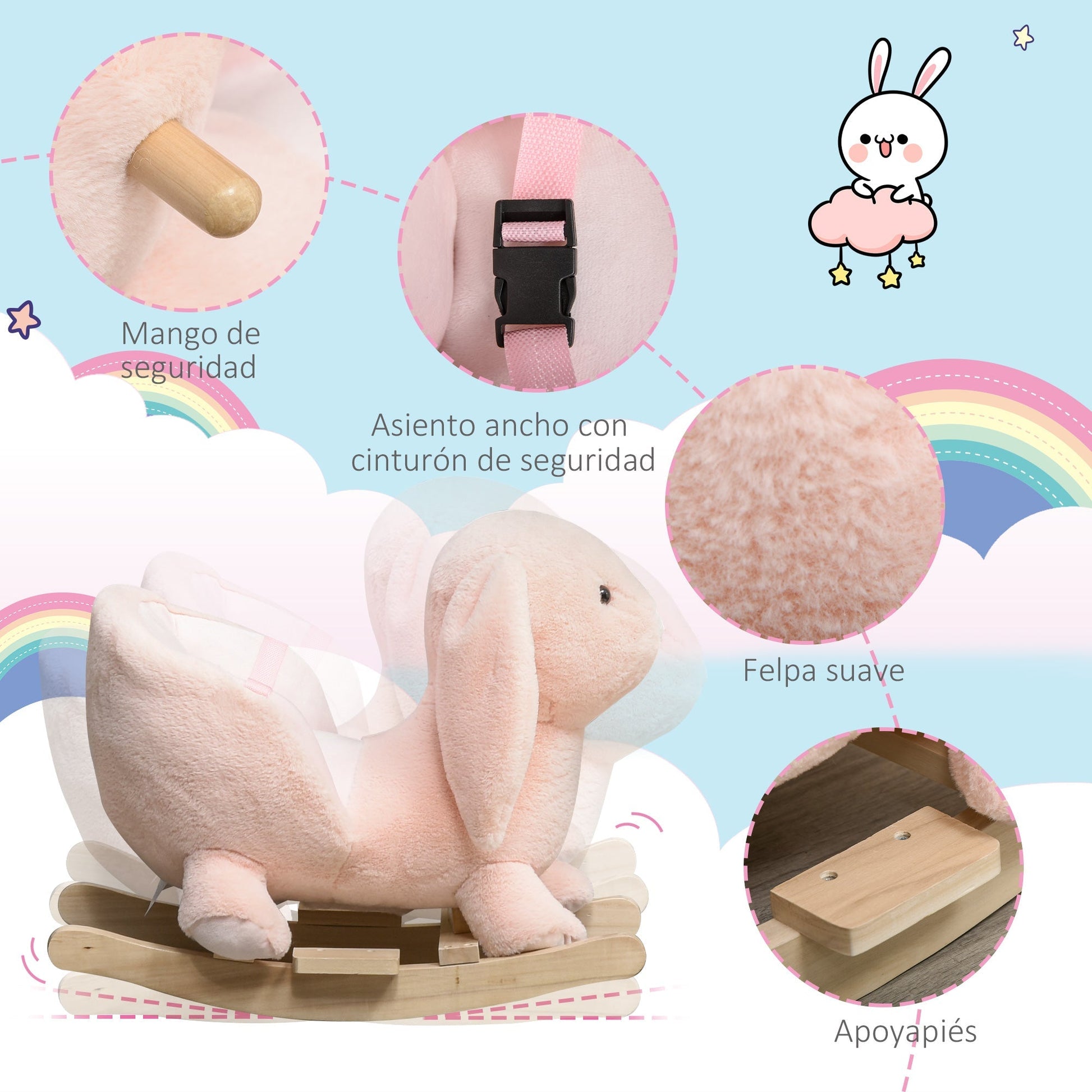 HOMCOM Baloiço Infantil com Forma de Coelho de Pelúcia Baloiço para Bebés 18 - 36 Meses com Som Cinto de Segurança Guidão e Apoio para os Pés 60x33x50cm Rosa - A minha loja