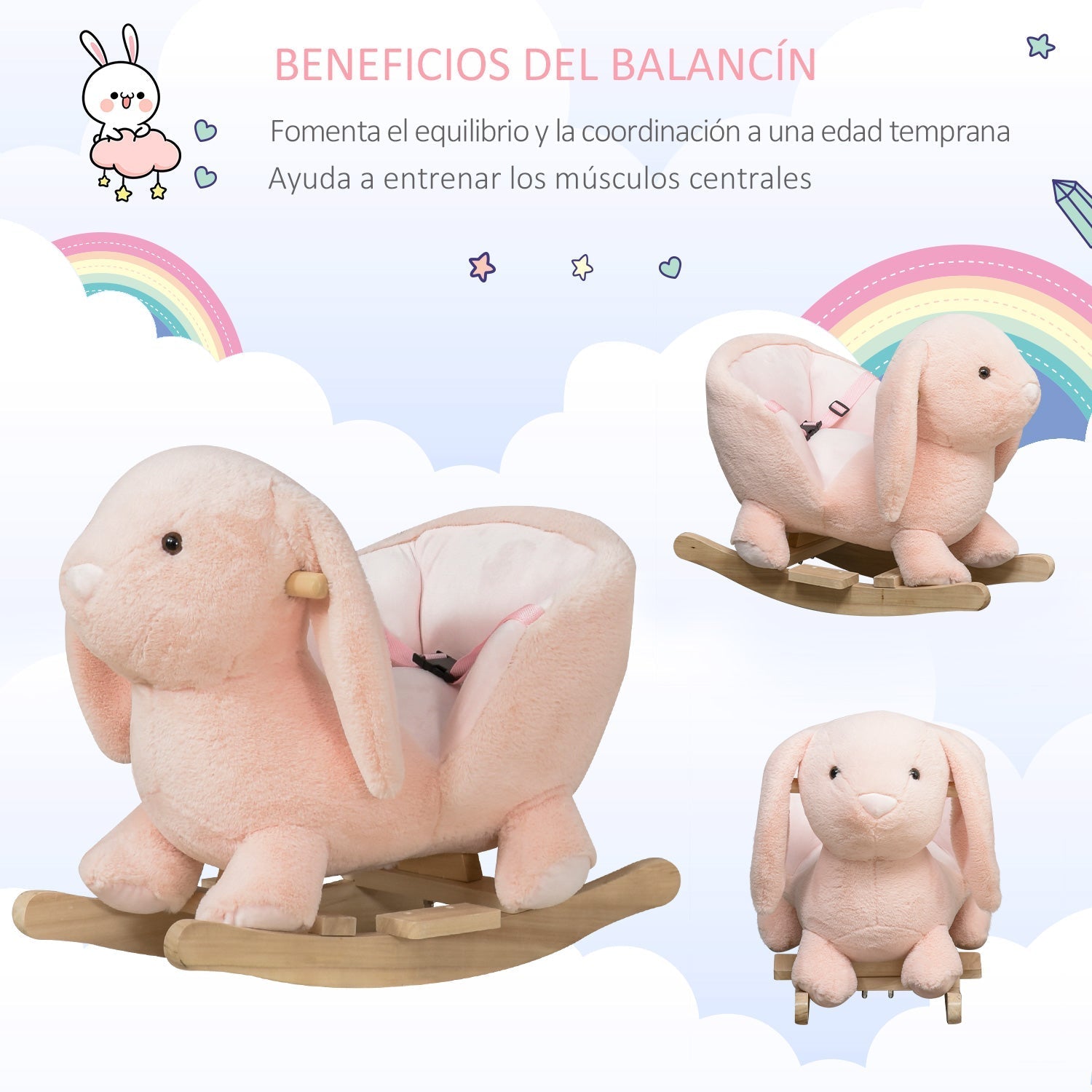HOMCOM Baloiço Infantil com Forma de Coelho de Pelúcia Baloiço para Bebés 18 - 36 Meses com Som Cinto de Segurança Guidão e Apoio para os Pés 60x33x50cm Rosa - A minha loja