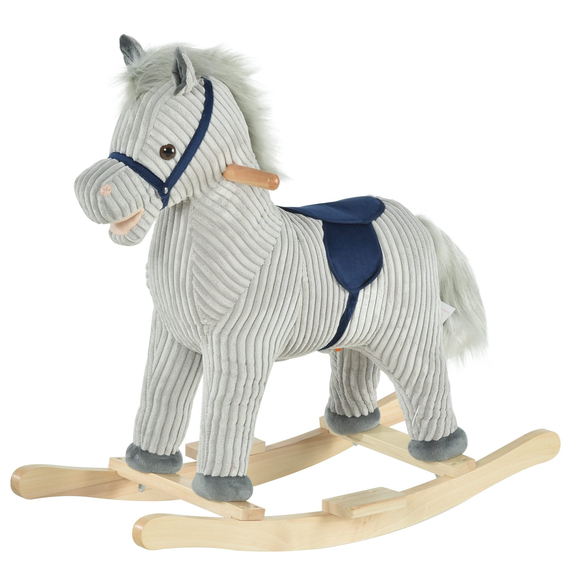 HOMCOM Baloiço Infantil de Cavalo para Crianças acima de 3 Anos Baloiço de Pelúcia com Sons de Relinchos e Galopes e Base de Madeira 73x35x64cm Azul e Cinza - A minha loja