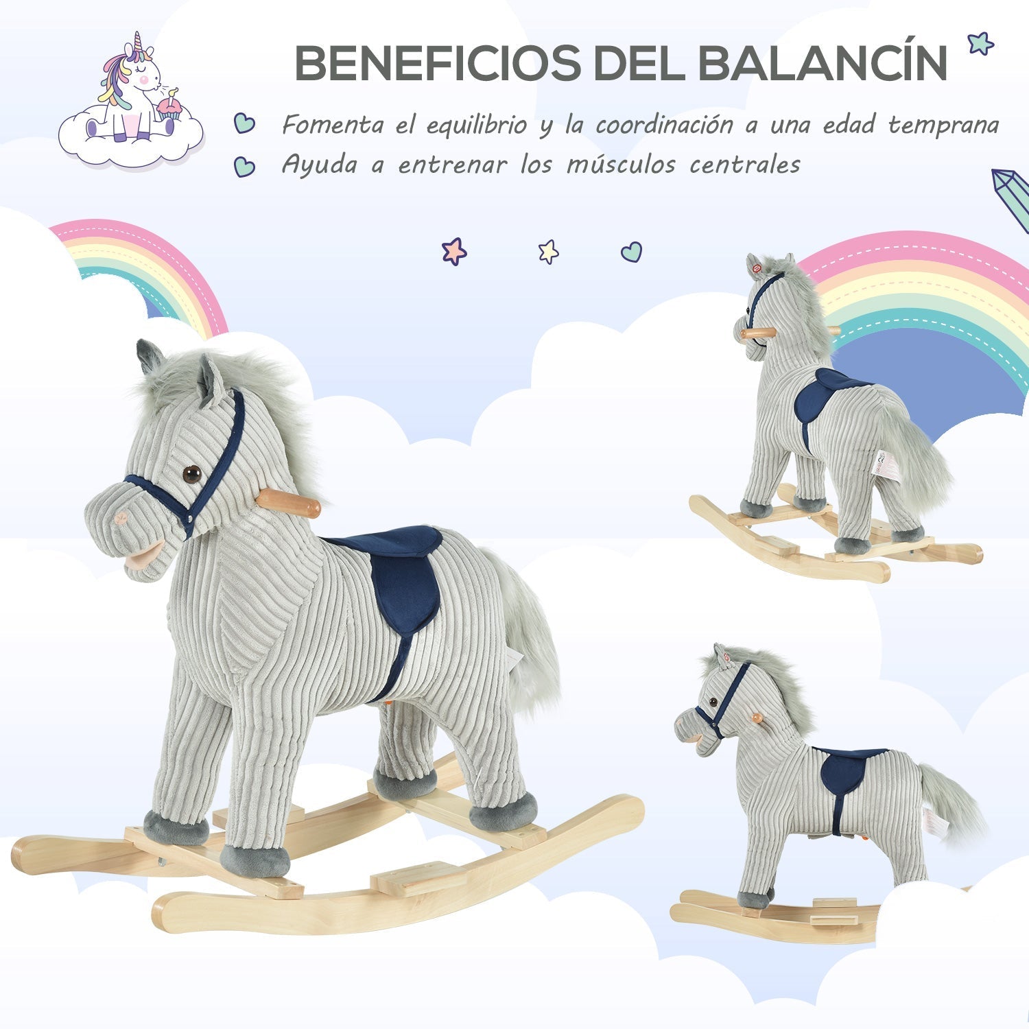 HOMCOM Baloiço Infantil de Cavalo para Crianças acima de 3 Anos Baloiço de Pelúcia com Sons de Relinchos e Galopes e Base de Madeira 73x35x64cm Azul e Cinza - A minha loja