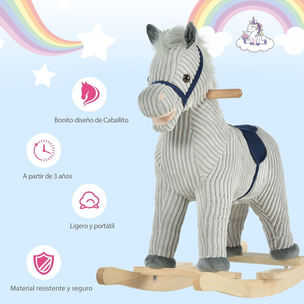 HOMCOM Baloiço Infantil de Cavalo para Crianças acima de 3 Anos Baloiço de Pelúcia com Sons de Relinchos e Galopes e Base de Madeira 73x35x64cm Azul e Cinza - A minha loja