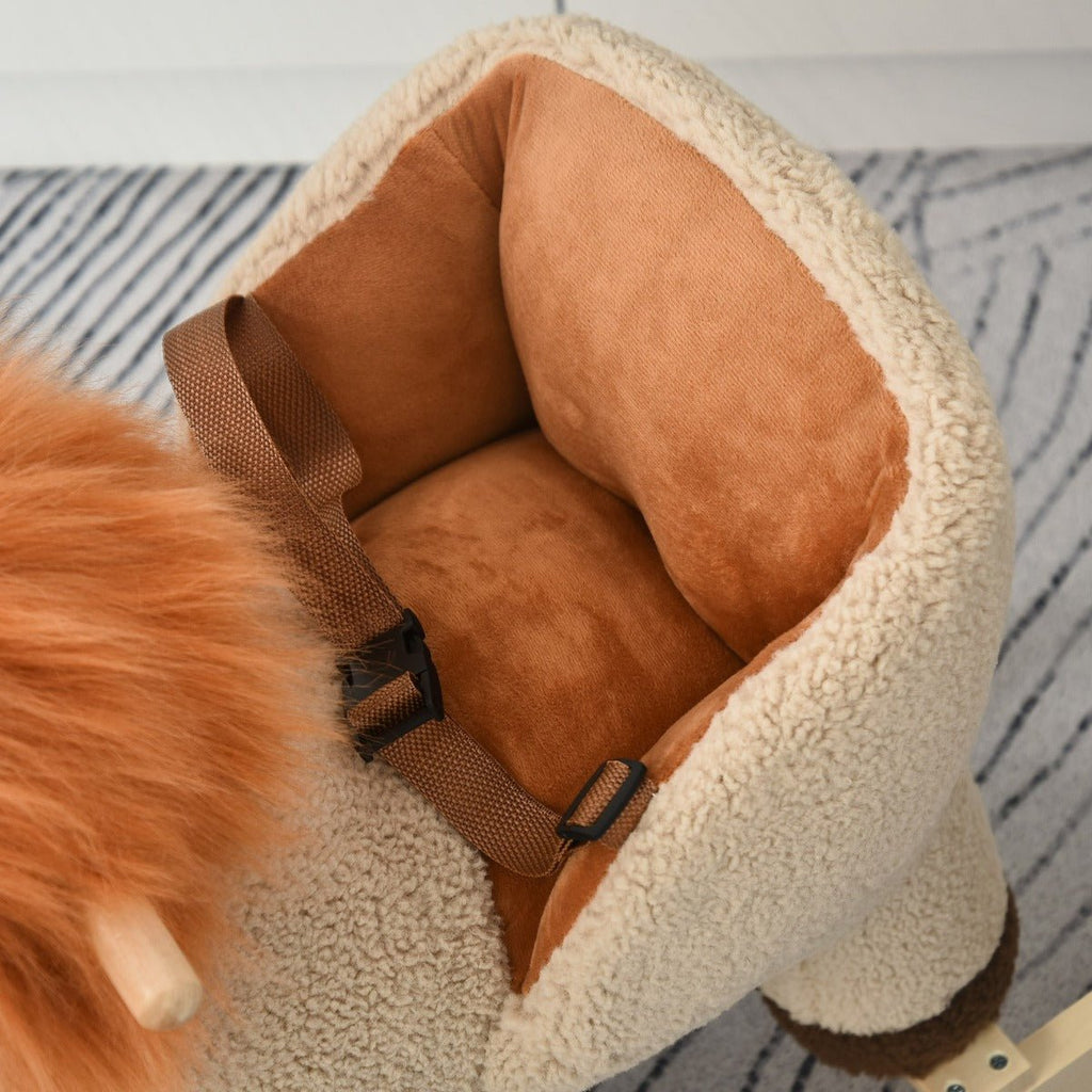 HOMCOM Baloiço Infantil em Forma de Leão de Pelúcia para Bebés 18 - 39 Meses com Som Cinto de Segurança Guidão Apoio para os Pés 68x35x50cm Marrom - A minha loja