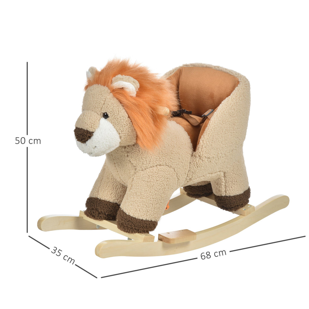 HOMCOM Baloiço Infantil em Forma de Leão de Pelúcia para Bebés 18 - 39 Meses com Som Cinto de Segurança Guidão Apoio para os Pés 68x35x50cm Marrom - A minha loja