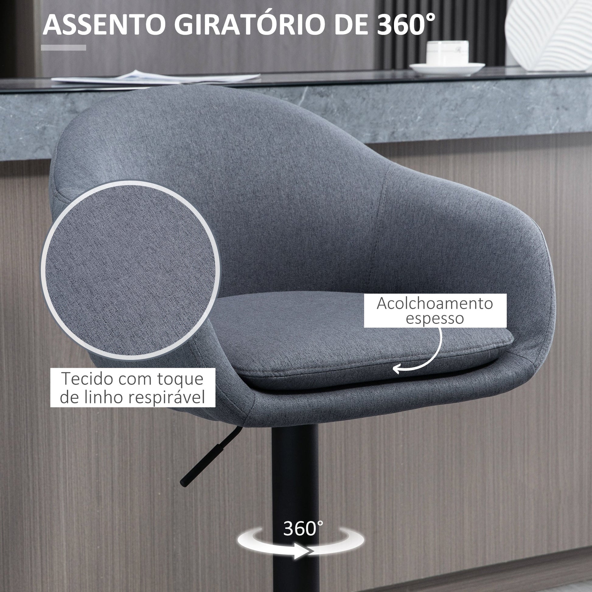 HOMCOM Banco Alto de Cozinha com Altura Ajustável Banco de Bar Estofado com Apoio para o Pés e Pés de Aço Carga Máxima 110 kg 54x54x92 - 112 cm Cinza Escuro - A minha loja