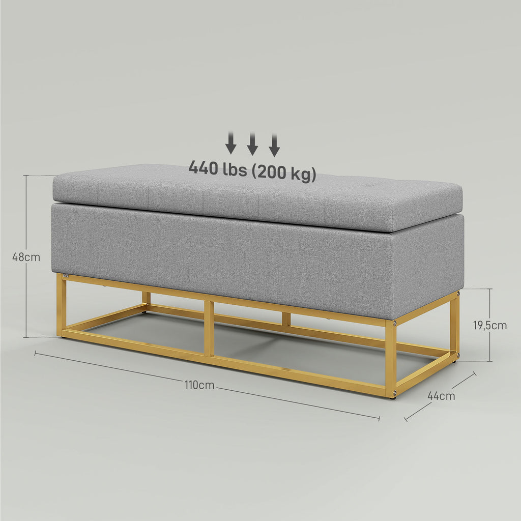 HOMCOM Banco de Armazenamento Otomano Retangular Estofado em Linho com Pés de Aço para Sala de Estar Dormitório 110x44x48 cm Cinza - A minha loja