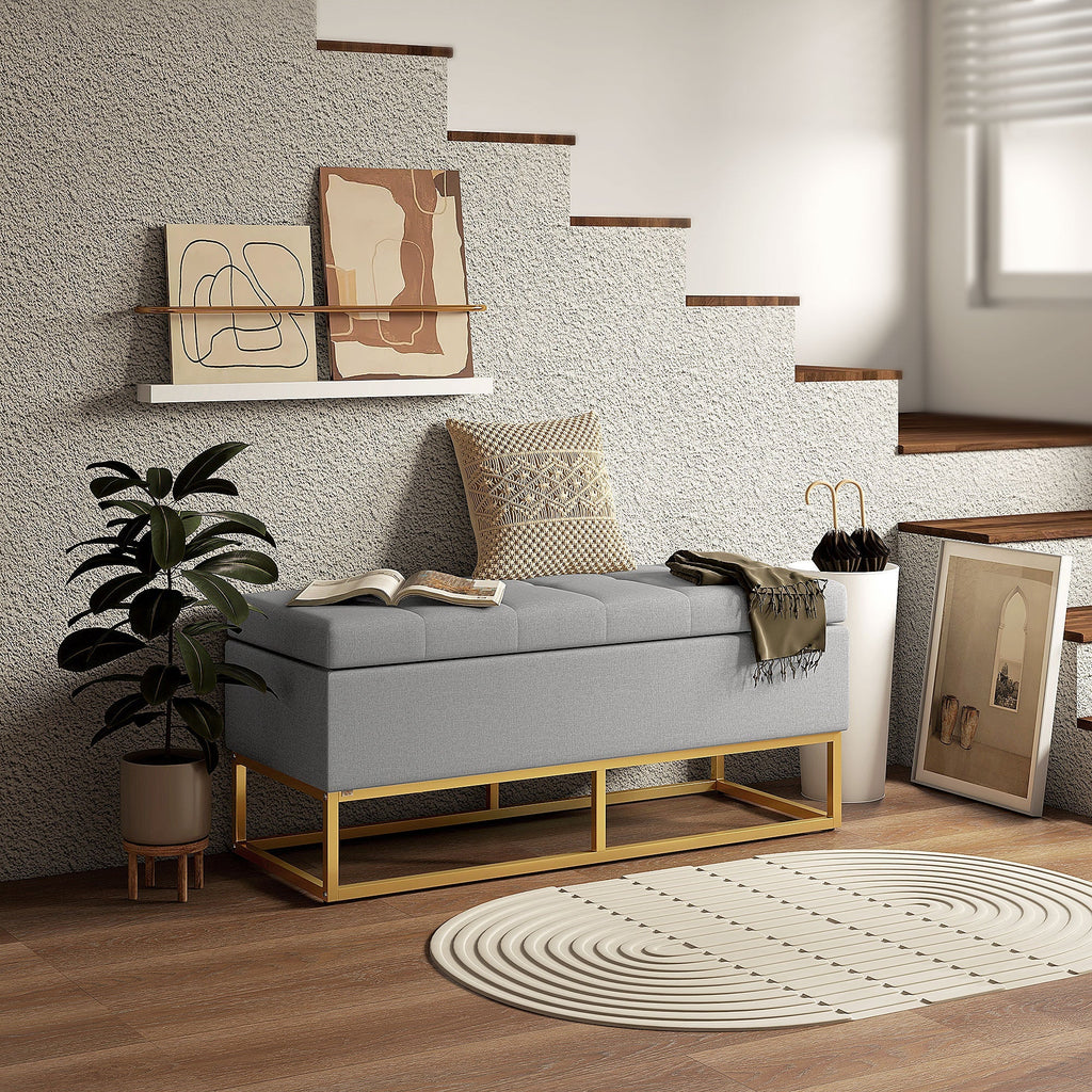 HOMCOM Banco de Armazenamento Otomano Retangular Estofado em Linho com Pés de Aço para Sala de Estar Dormitório 110x44x48 cm Cinza - A minha loja