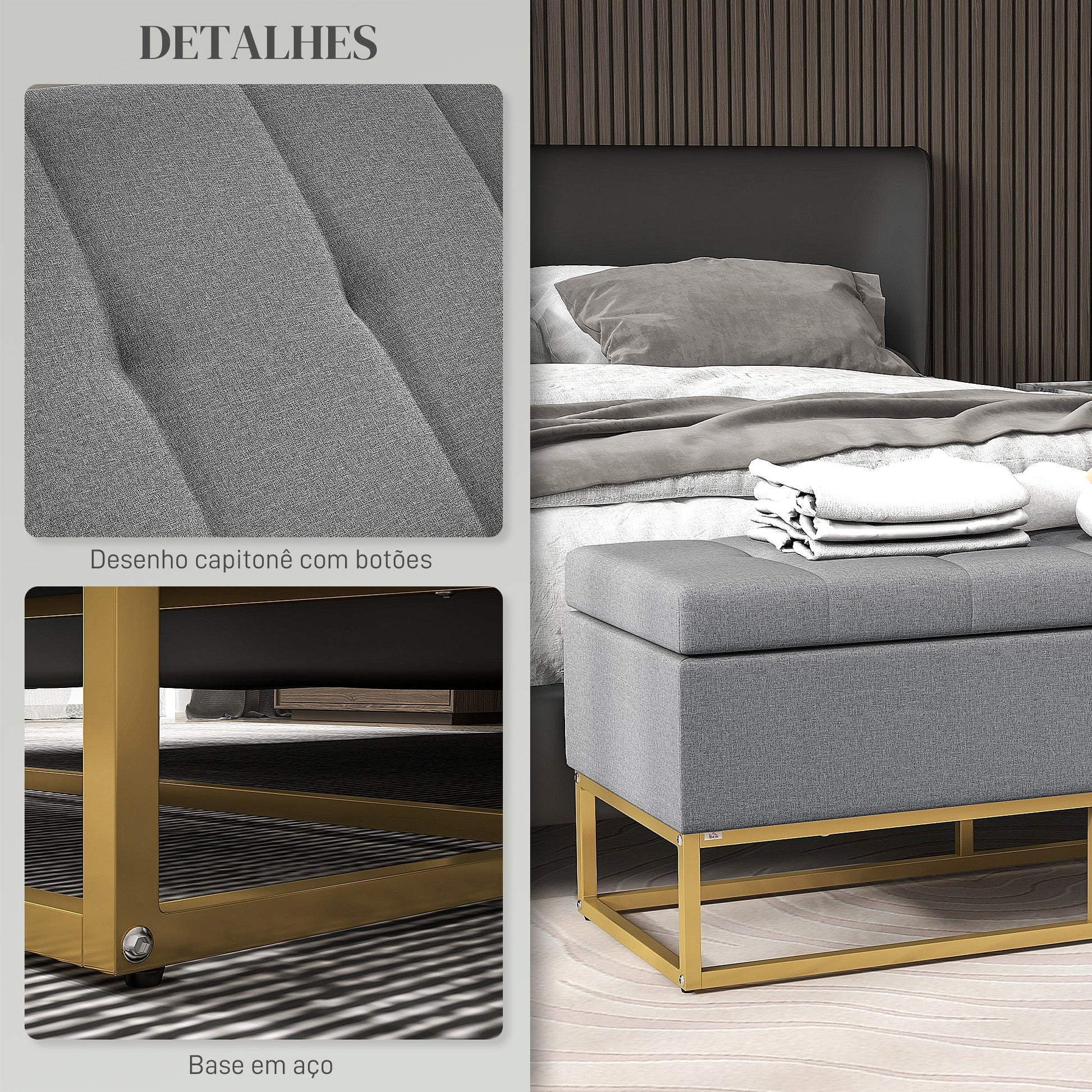 HOMCOM Banco de Armazenamento Otomano Retangular Estofado em Linho com Pés de Aço para Sala de Estar Dormitório 110x44x48 cm Cinza - A minha loja