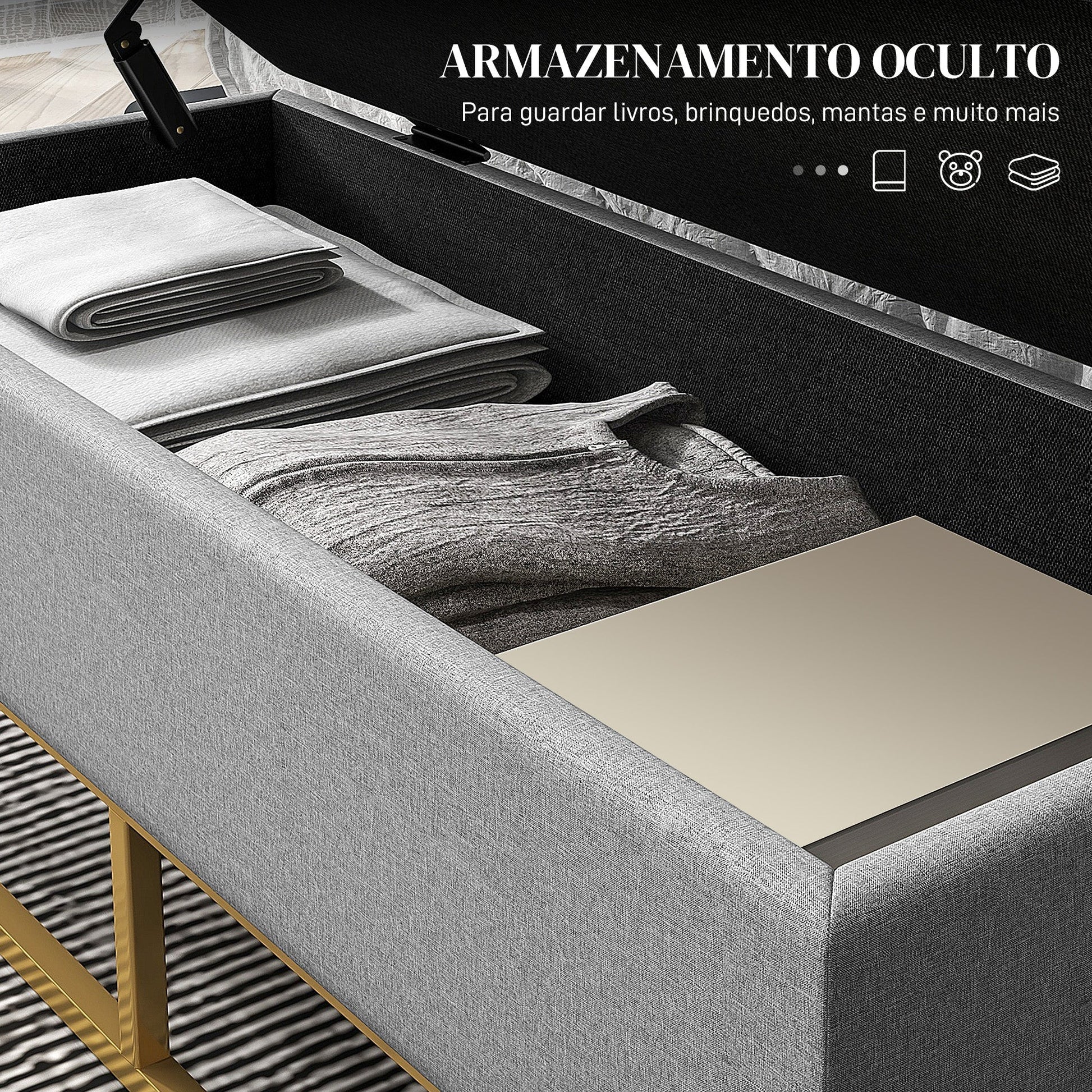 HOMCOM Banco de Armazenamento Otomano Retangular Estofado em Linho com Pés de Aço para Sala de Estar Dormitório 110x44x48 cm Cinza - A minha loja