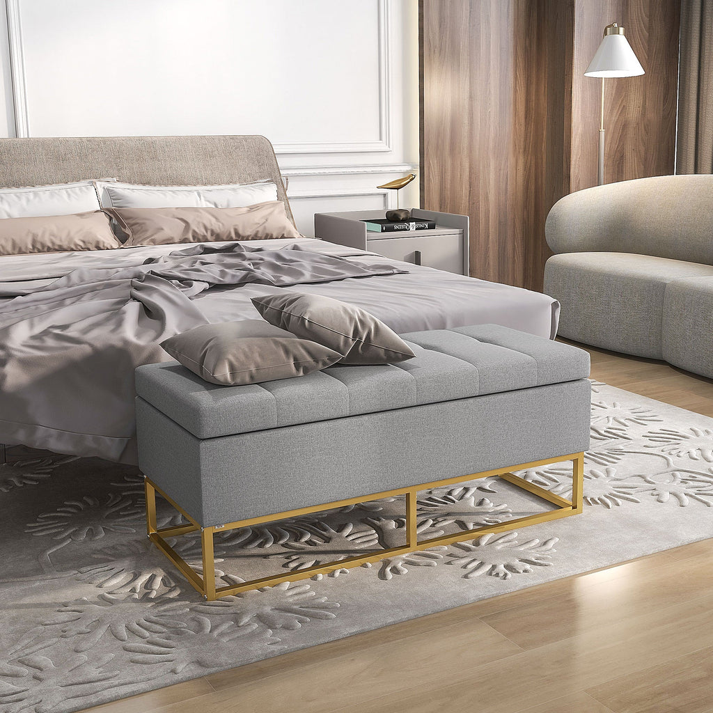 HOMCOM Banco de Armazenamento Otomano Retangular Estofado em Linho com Pés de Aço para Sala de Estar Dormitório 110x44x48 cm Cinza - A minha loja
