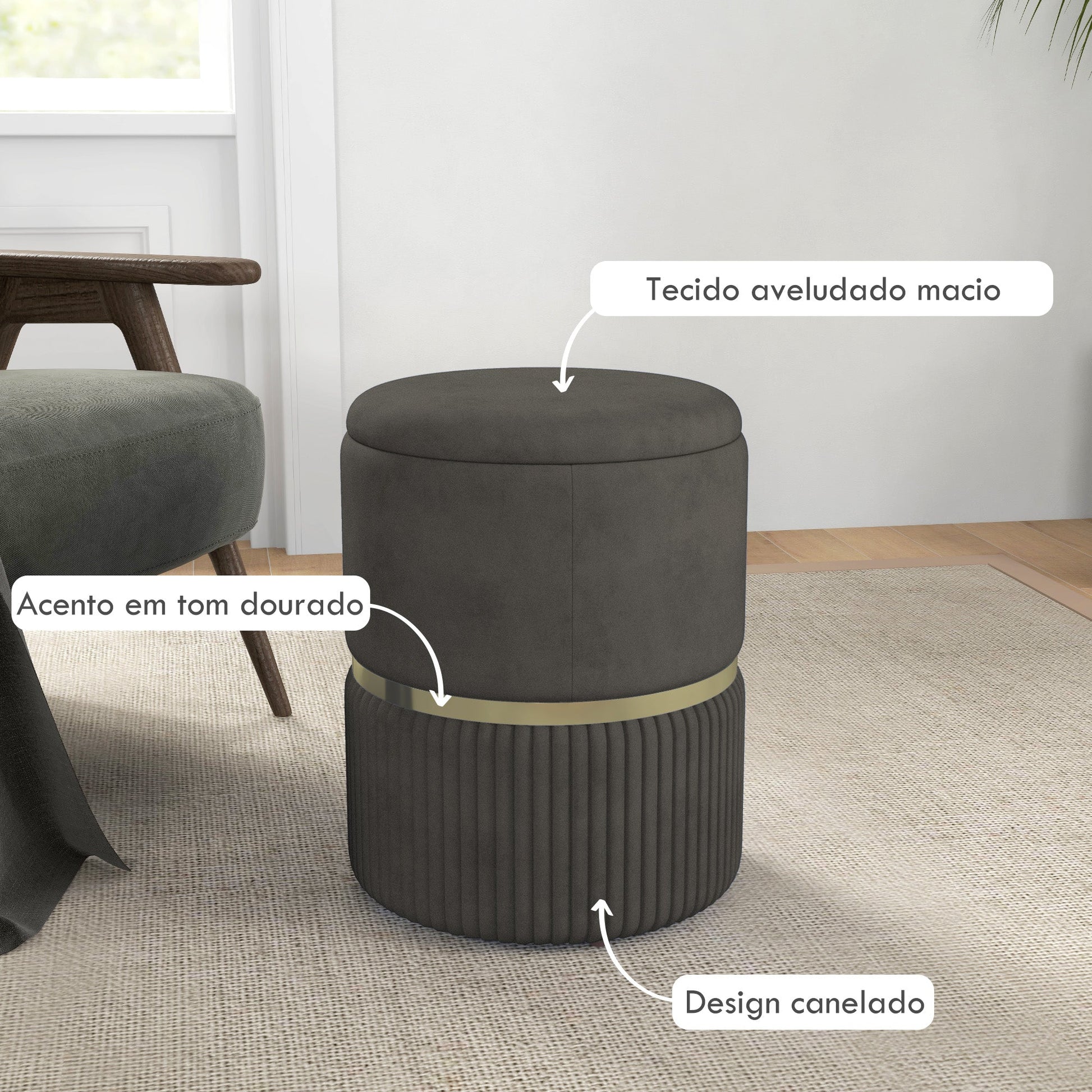 HOMCOM Banco de Armazenamento para Dormitório Puff de Arrumação Estofado em Veludo Banco de Arrumação com Pés Antiderrapantes Ø36x44 cm Cinza - A minha loja