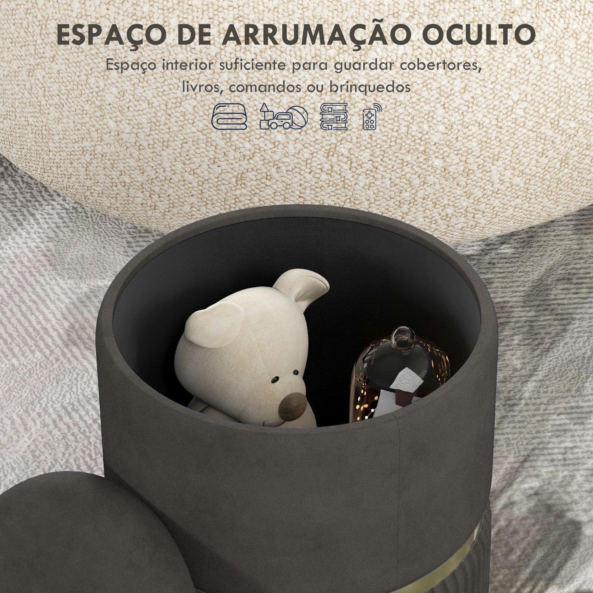 HOMCOM Banco de Armazenamento para Dormitório Puff de Arrumação Estofado em Veludo Banco de Arrumação com Pés Antiderrapantes Ø36x44 cm Cinza - A minha loja
