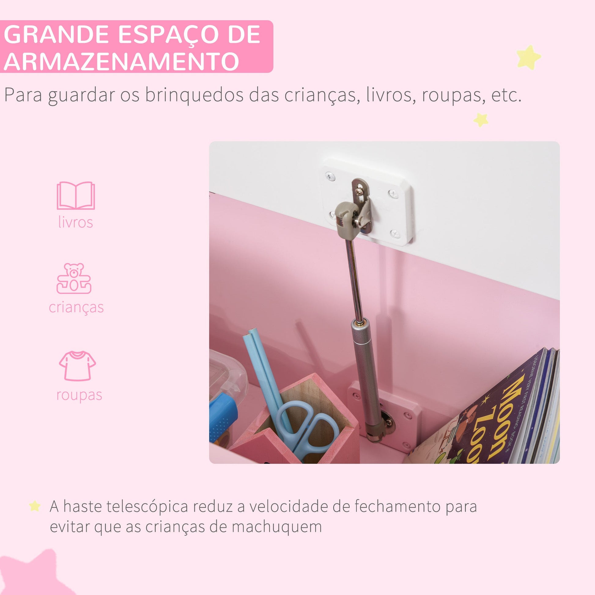 HOMCOM Baú de Brinquedos Banco de Armazenamento Infantil de Madeira de Pinho com Tampa de Amortecimento e Encosto Alto para Crianças acima de 2 anos Sala de Jogos Habitação 60x30x50 cm Rosa - A minha loja