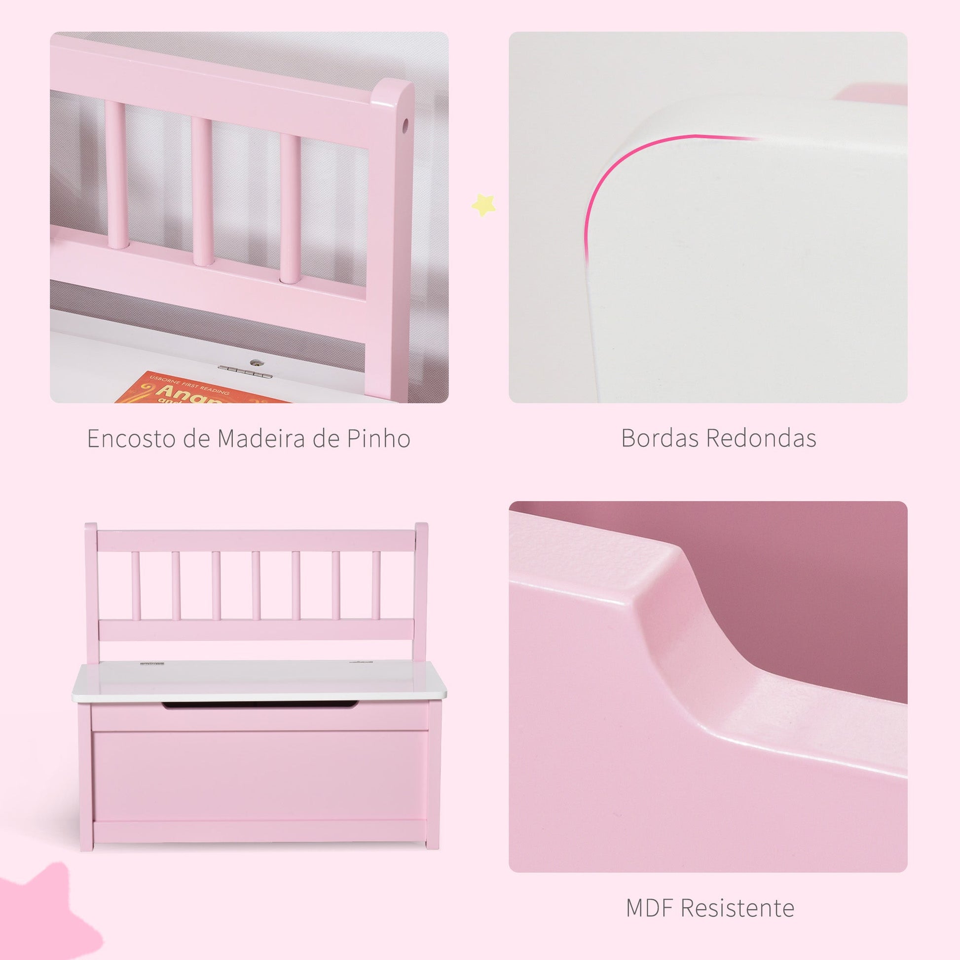 HOMCOM Baú de Brinquedos Banco de Armazenamento Infantil de Madeira de Pinho com Tampa de Amortecimento e Encosto Alto para Crianças acima de 2 anos Sala de Jogos Habitação 60x30x50 cm Rosa - A minha loja