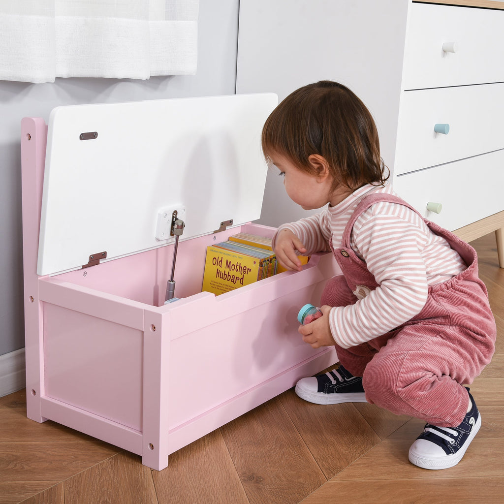 HOMCOM Baú de Brinquedos Banco de Armazenamento Infantil de Madeira de Pinho com Tampa de Amortecimento e Encosto Alto para Crianças acima de 2 anos Sala de Jogos Habitação 60x30x50 cm Rosa - A minha loja