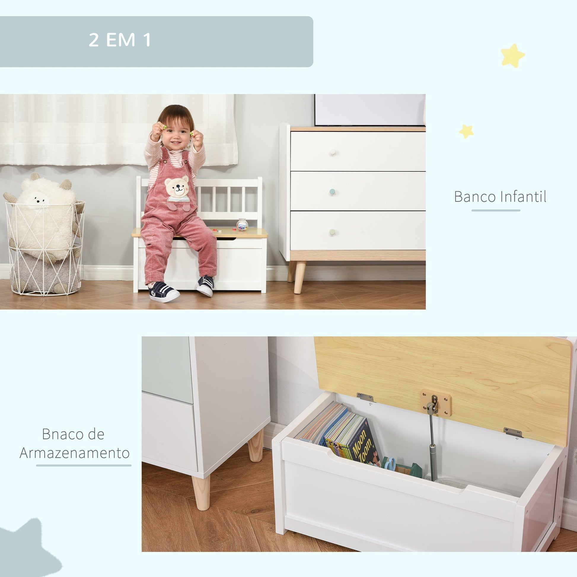 HOMCOM Baú de Brinquedos para crianças acima de 2 anos Banco de Armazenamento Infantil de Madeira de Pinho com Tampa de Amortecimento e Encosto Alto para Sala de Jogos Habitação 60x30x50cm Banco - A minha loja