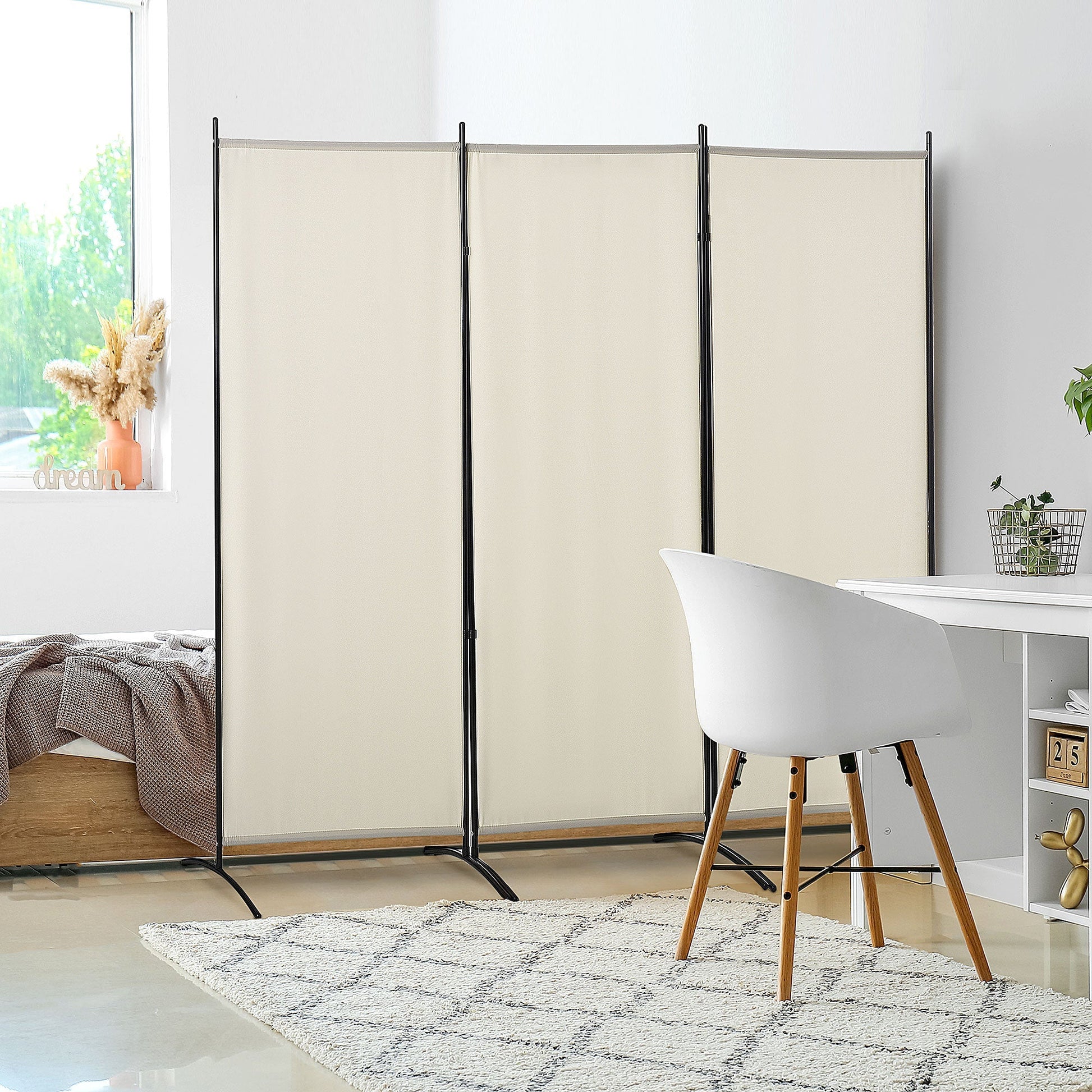 HOMCOM Biombo de 3 Paineis Separador de Ambientes Dobrável 253x50x182 cm Divisor de Ambientes Biombo de Privacidade com 6 Pés de Metal para Escritório Dormitório Bege - A minha loja