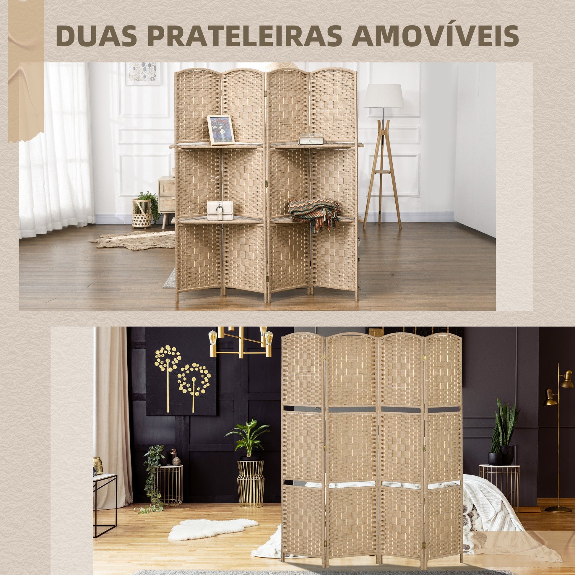 HOMCOM Biombo de 4 Painéis 160x170 cm Separador de Ambientes Dobrável com 2 Prateleiras de Exibição para Escritório Quarto Natural - A minha loja