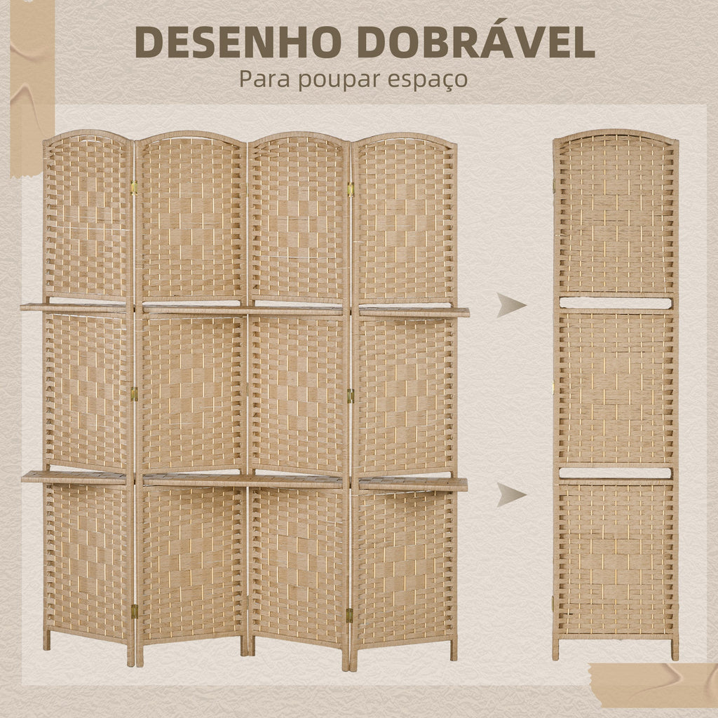 HOMCOM Biombo de 4 Painéis 160x170 cm Separador de Ambientes Dobrável com 2 Prateleiras de Exibição para Escritório Quarto Natural - A minha loja
