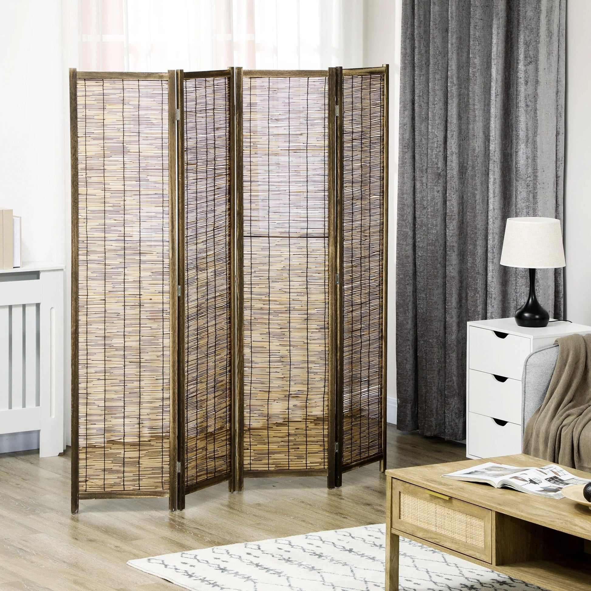 HOMCOM Biombo de 4 Painéis Separador de Ambientes Dobrável 160x1,8x170 cm Divisor de Ambientes de Madeira e Caniço Estilo Rústico para Escritório Dormitório Sala de Estar Madeira - A minha loja