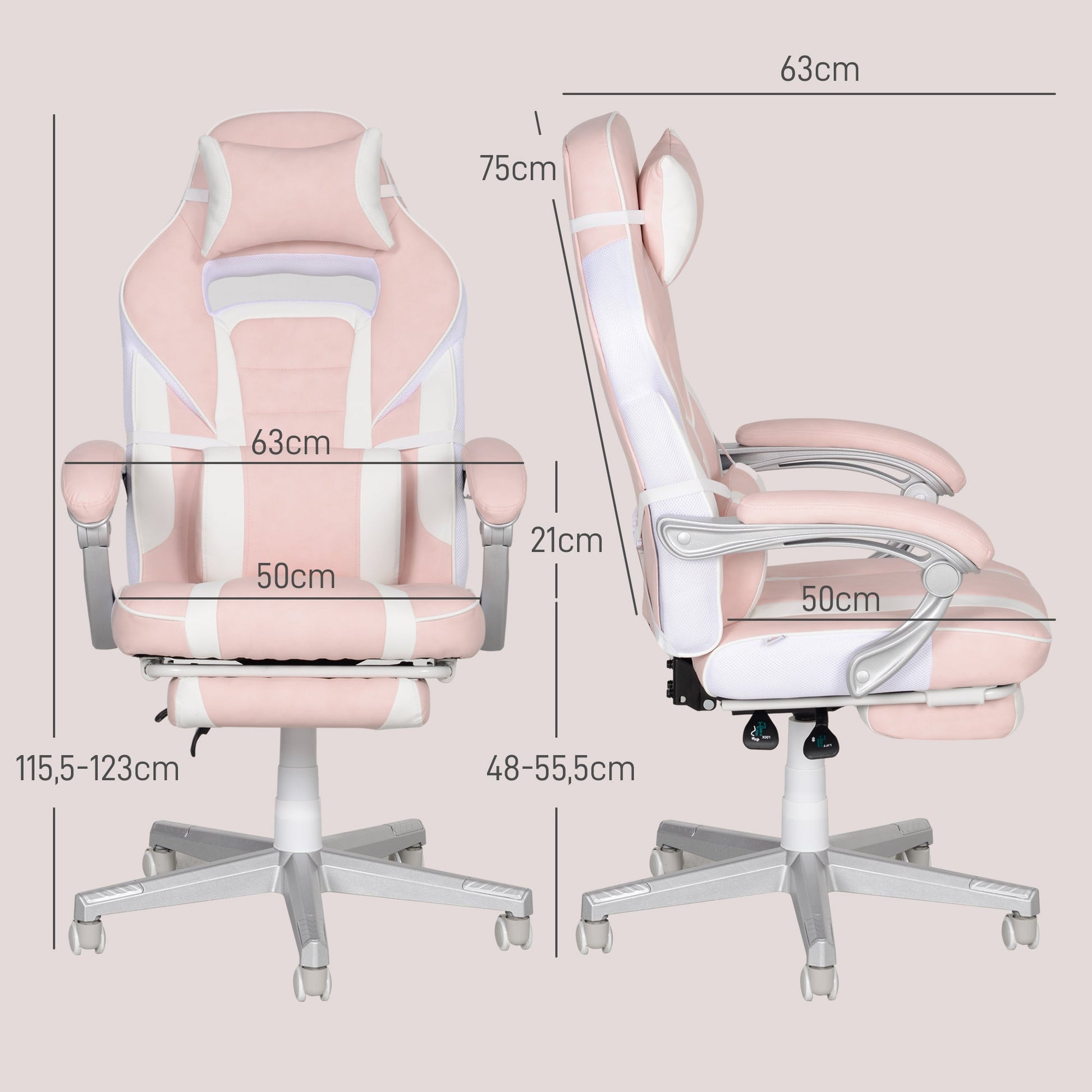 HOMCOM Cadeira Gaming Cadeira de Escritório Reclinável com Altura Ajustável Apoio para os Pés Retrátil Suporte Lombar e Almofada para a Cabeça Amovível 63x63x115,5 - 123 cm Rosa - A minha loja