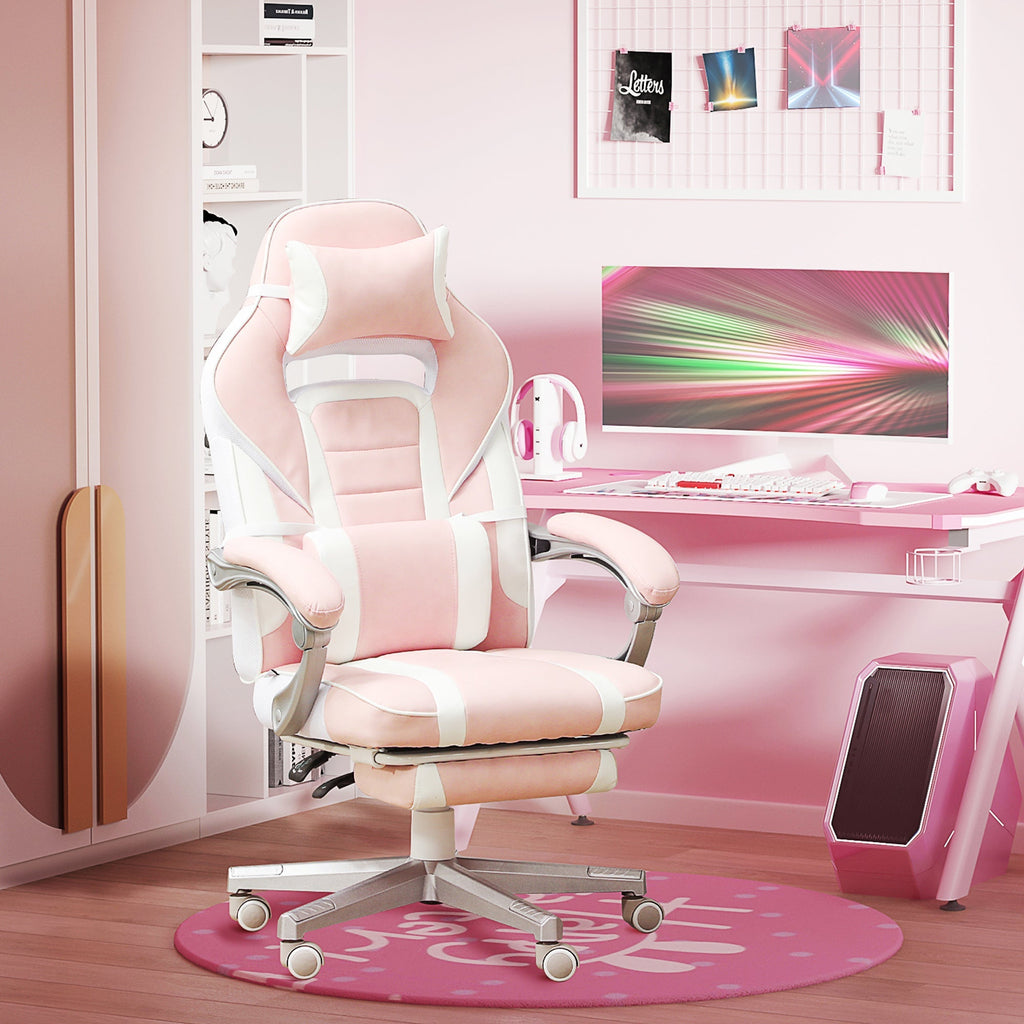 HOMCOM Cadeira Gaming Cadeira de Escritório Reclinável com Altura Ajustável Apoio para os Pés Retrátil Suporte Lombar e Almofada para a Cabeça Amovível 63x63x115,5 - 123 cm Rosa - A minha loja