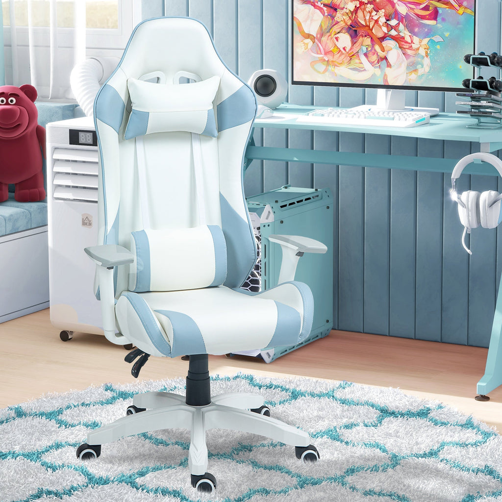 HOMCOM Cadeira Gaming Reclinável Cadeira Gamer Giratória com Almofada Lombar Apoios de Braços Ajustáveis Apoio de Cabeça Basculante e Altura Ajustável para Escritório 67x60x120 - 128 cm Branco e Azul - A minha loja