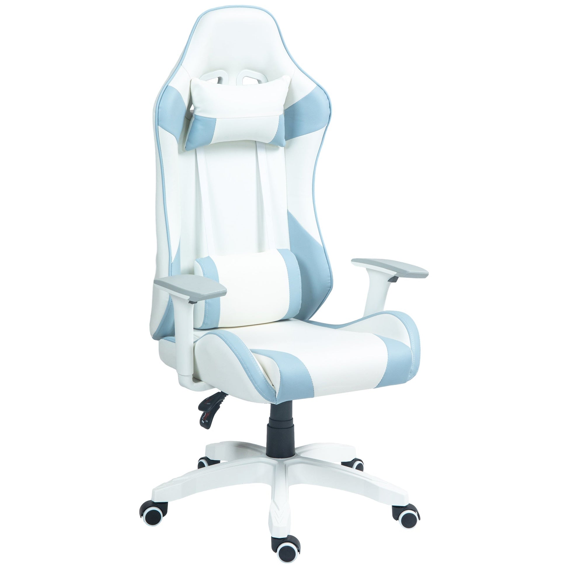 HOMCOM Cadeira Gaming Reclinável Cadeira Gamer Giratória com Almofada Lombar Apoios de Braços Ajustáveis Apoio de Cabeça Basculante e Altura Ajustável para Escritório 67x60x120 - 128 cm Branco e Azul - A minha loja