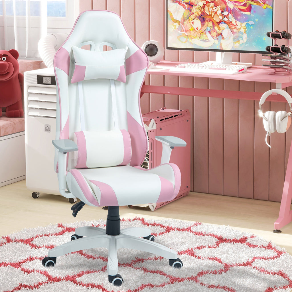 HOMCOM Cadeira Gaming Reclinável Cadeira Gamer Giratória com Almofada Lombar Apoios de Braços Ajustáveis Apoio de Cabeça Basculante e Altura Ajustável para Escritório 67x60x120 - 128 cm Branco e Rosa - A minha loja