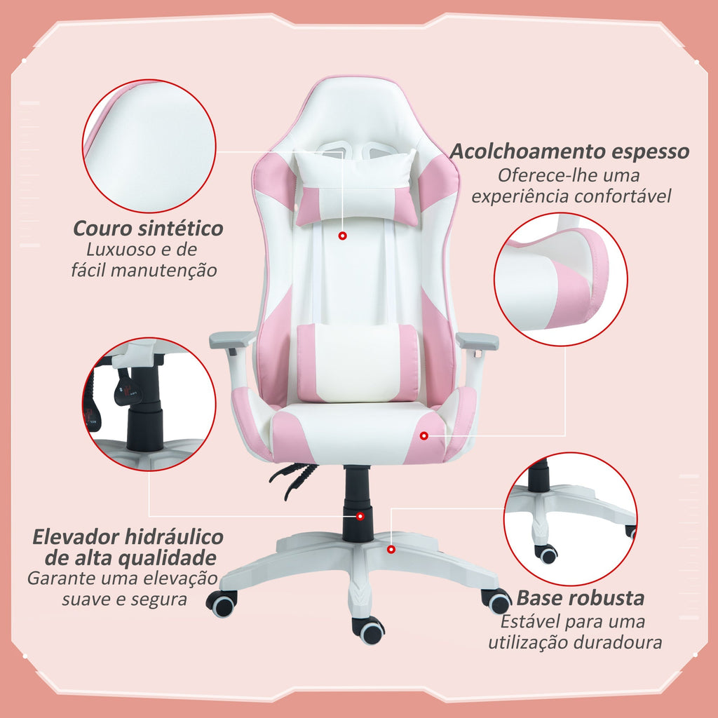 HOMCOM Cadeira Gaming Reclinável Cadeira Gamer Giratória com Almofada Lombar Apoios de Braços Ajustáveis Apoio de Cabeça Basculante e Altura Ajustável para Escritório 67x60x120 - 128 cm Branco e Rosa - A minha loja