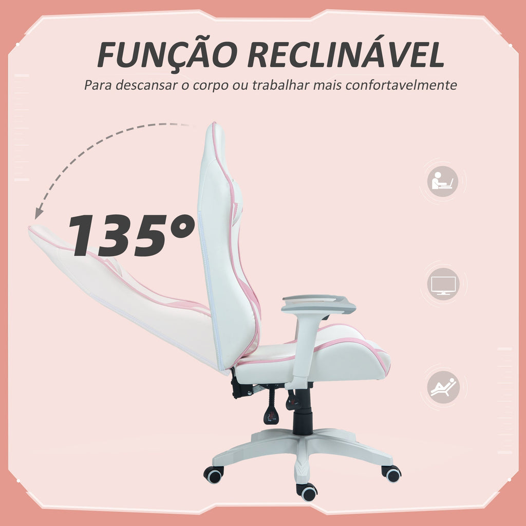 HOMCOM Cadeira Gaming Reclinável Cadeira Gamer Giratória com Almofada Lombar Apoios de Braços Ajustáveis Apoio de Cabeça Basculante e Altura Ajustável para Escritório 67x60x120 - 128 cm Branco e Rosa - A minha loja