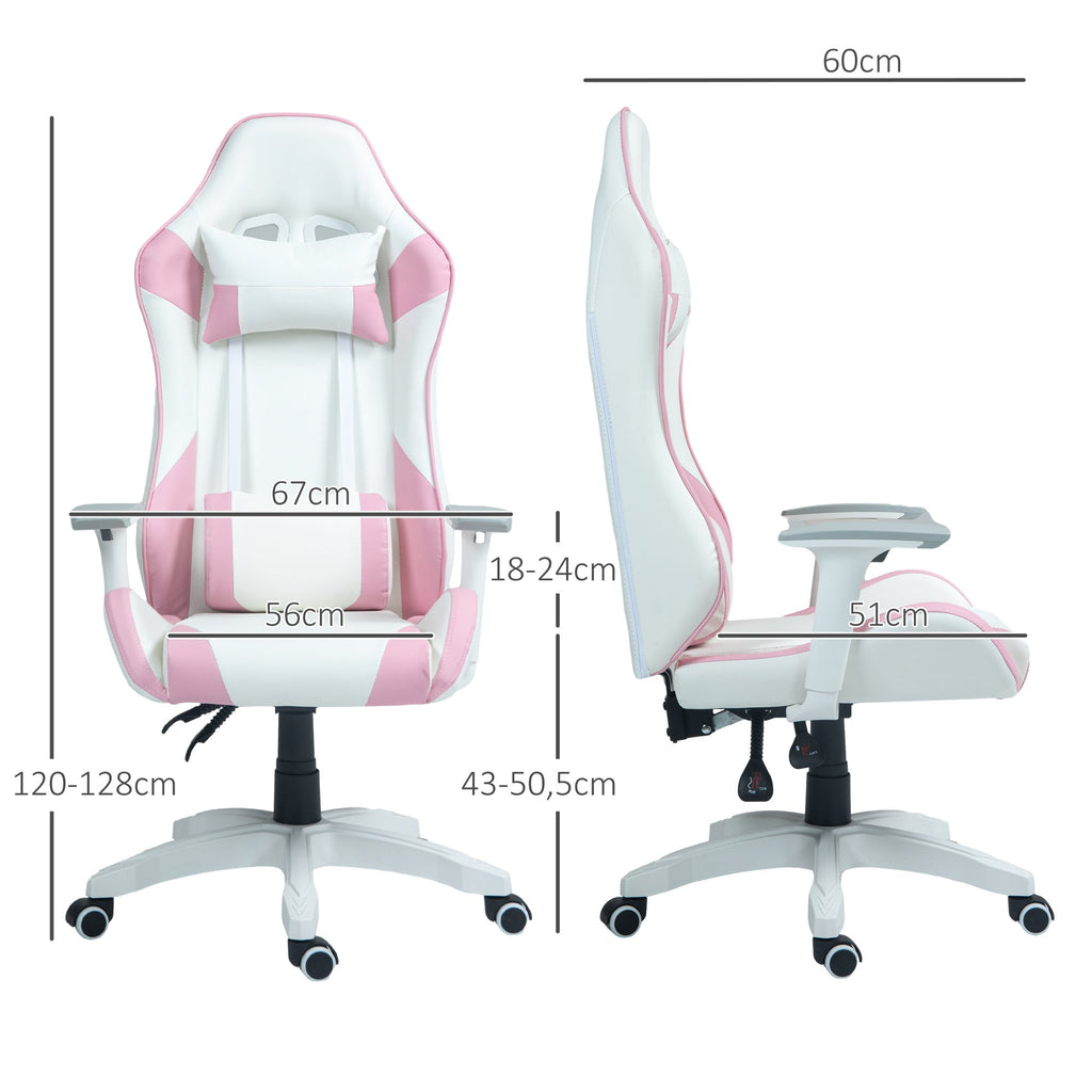 HOMCOM Cadeira Gaming Reclinável Cadeira Gamer Giratória com Almofada Lombar Apoios de Braços Ajustáveis Apoio de Cabeça Basculante e Altura Ajustável para Escritório 67x60x120 - 128 cm Branco e Rosa - A minha loja