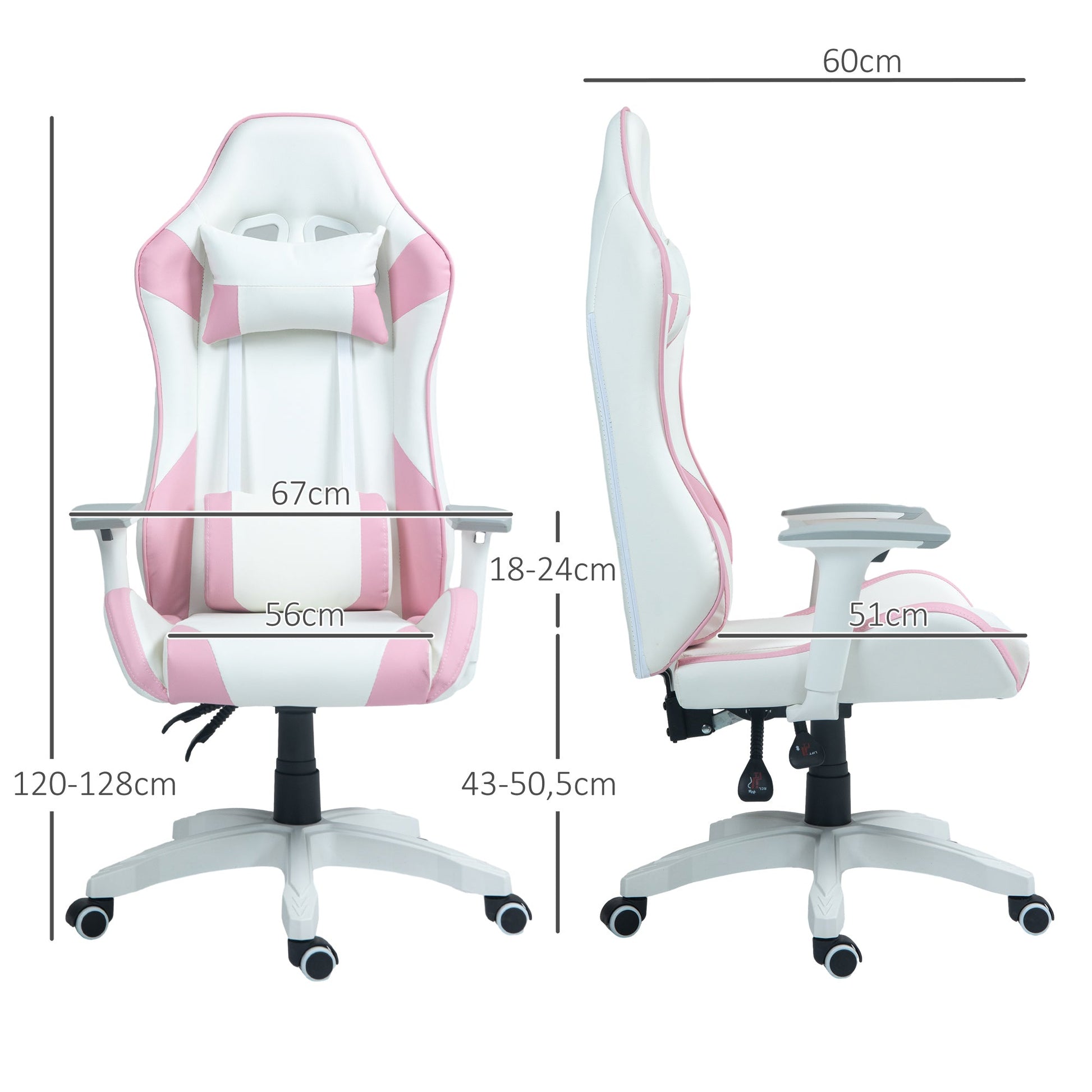 HOMCOM Cadeira Gaming Reclinável Cadeira Gamer Giratória com Almofada Lombar Apoios de Braços Ajustáveis Apoio de Cabeça Basculante e Altura Ajustável para Escritório 67x60x120 - 128 cm Branco e Rosa - A minha loja