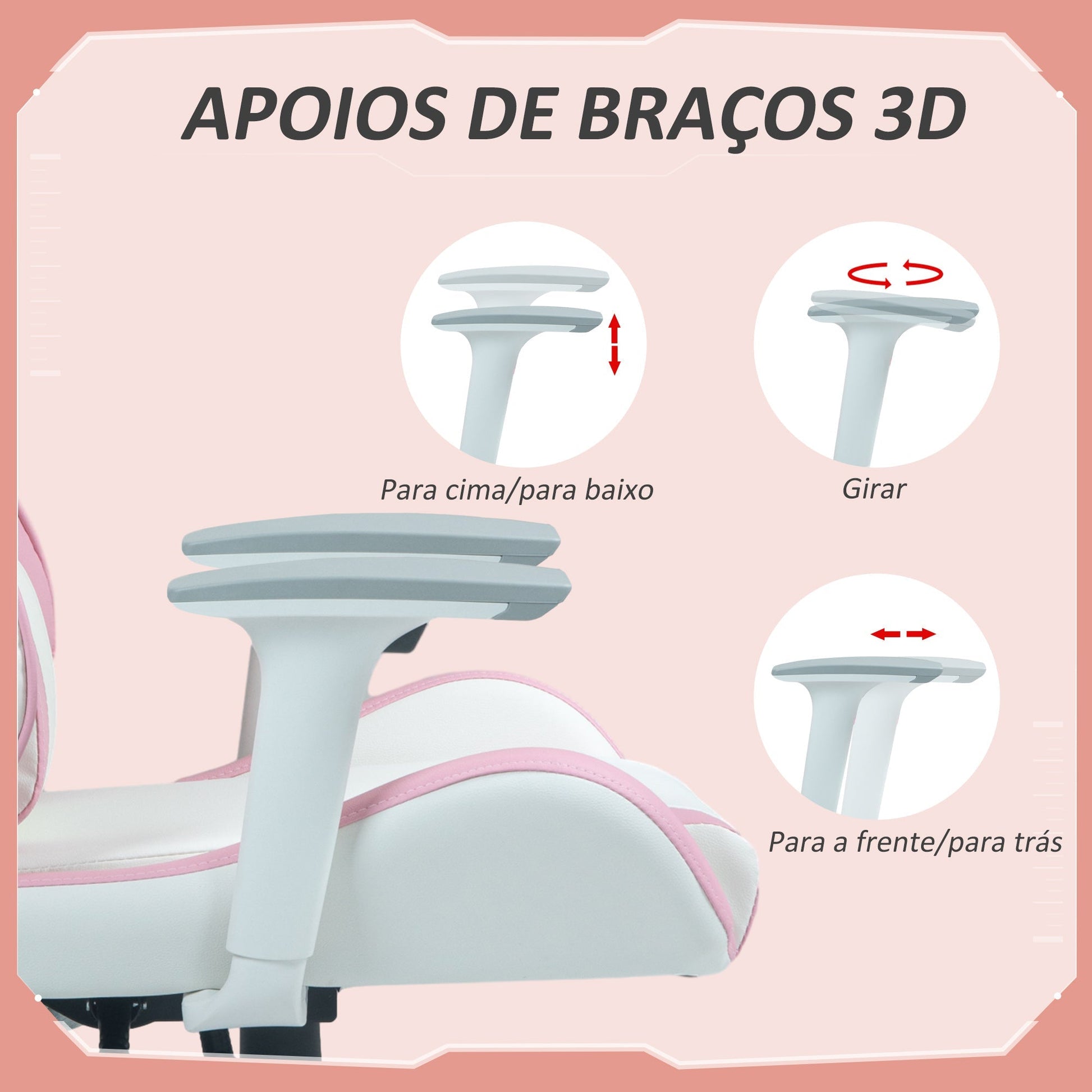HOMCOM Cadeira Gaming Reclinável Cadeira Gamer Giratória com Almofada Lombar Apoios de Braços Ajustáveis Apoio de Cabeça Basculante e Altura Ajustável para Escritório 67x60x120 - 128 cm Branco e Rosa - A minha loja