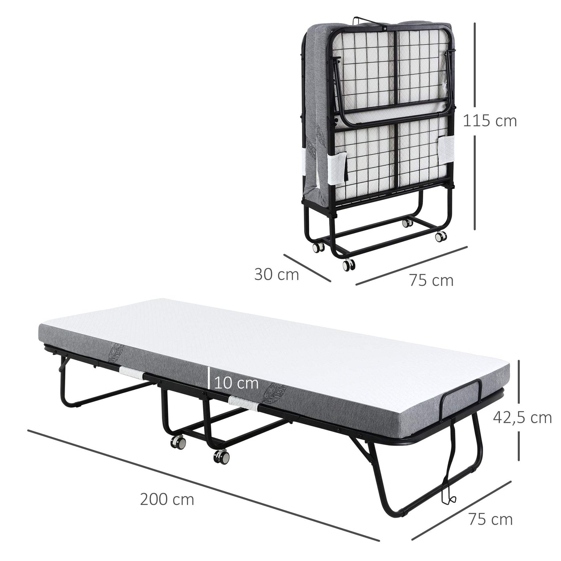 HOMCOM Cama Dobrável 200x75x42,5cm Cama de Campismo Portátil com Colchão Individual Rodas e Freios Carga Máxima 150kg para Dormitórios Branco - A minha loja