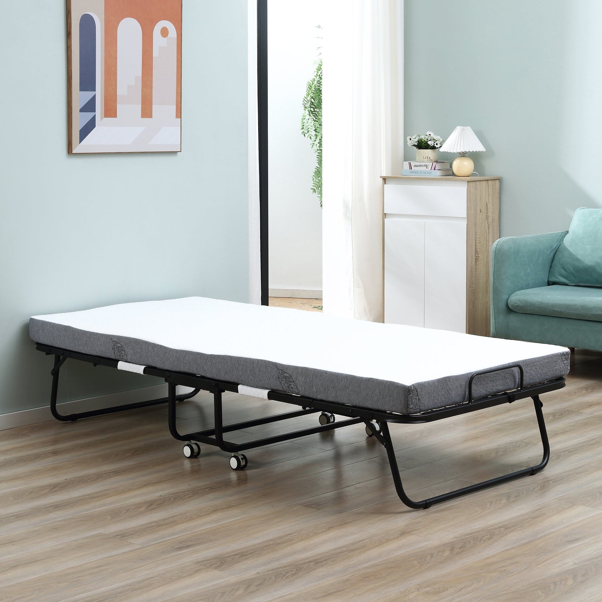 HOMCOM Cama Dobrável 200x90x42,5cm Cama de Campismo Portátil com Colchão Individual Rodas e Freios Carga Máxima 150kg para Dormitórios Branco - A minha loja