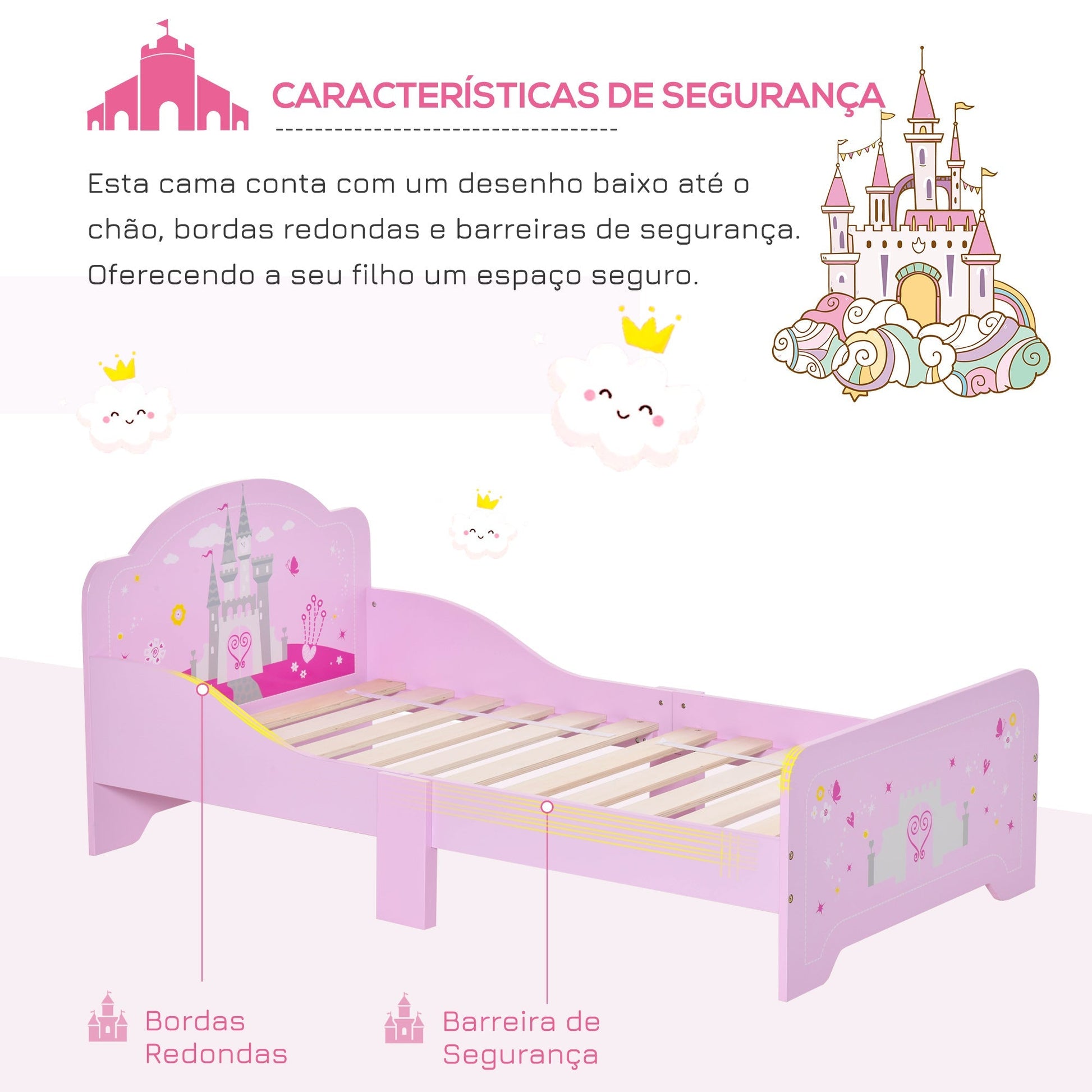 HOMCOM Cama Infantil acima de 3 Anos Cama para Crianças de Madeira com Barreira de Proteção Carga Máx. 50kg 143x73x60cm Rosa - A minha loja
