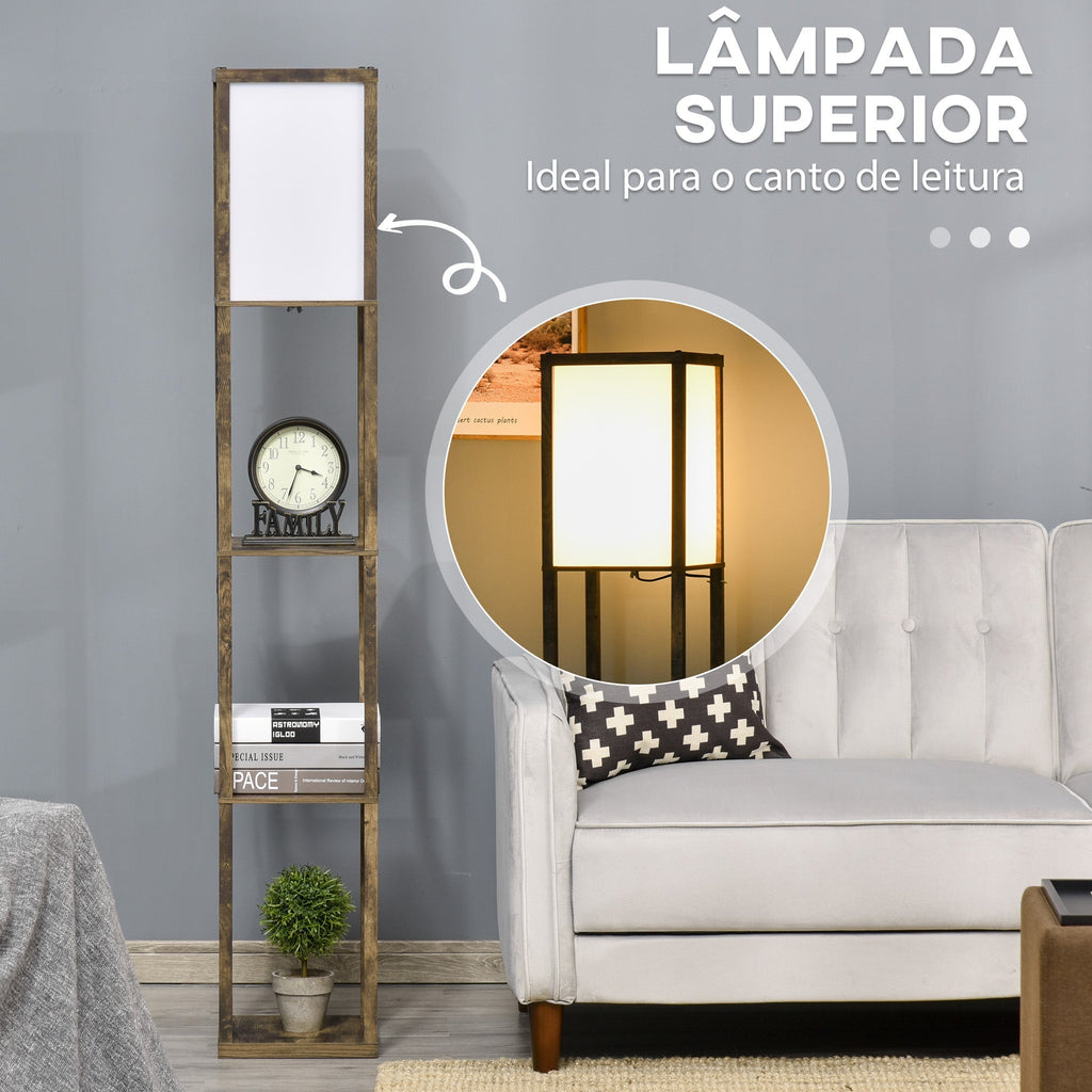 HOMCOM Candeeiro de Pé de Madeira com 3 Prateleiras De Armazenamento para Lâmpada E27 Potência Máx. 40W Candeeiro Moderno para Sala de Estar Dormitório 26x26x160 cm Marrom Rústico - A minha loja