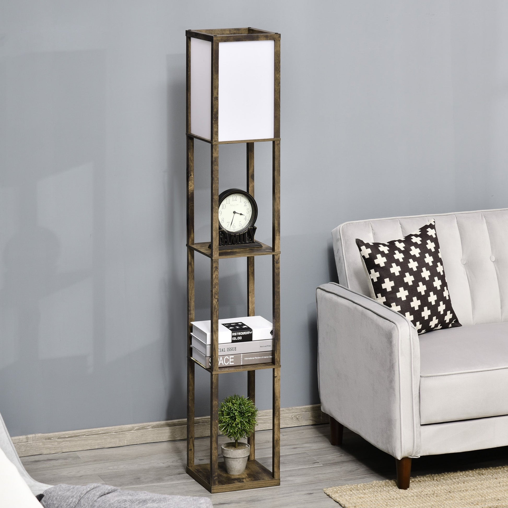 HOMCOM Candeeiro de Pé de Madeira com 3 Prateleiras De Armazenamento para Lâmpada E27 Potência Máx. 40W Candeeiro Moderno para Sala de Estar Dormitório 26x26x160 cm Marrom Rústico - A minha loja