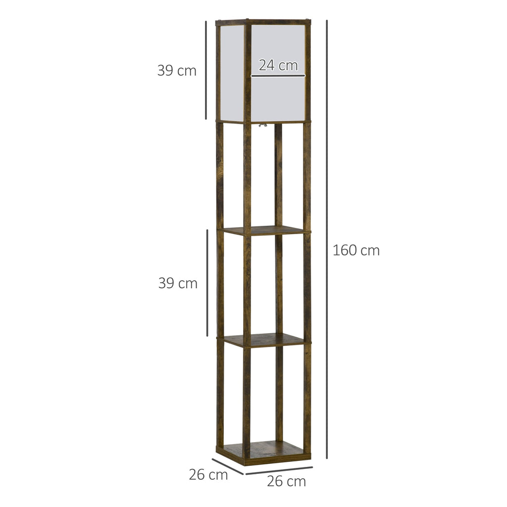 HOMCOM Candeeiro de Pé de Madeira com 3 Prateleiras De Armazenamento para Lâmpada E27 Potência Máx. 40W Candeeiro Moderno para Sala de Estar Dormitório 26x26x160 cm Marrom Rústico - A minha loja