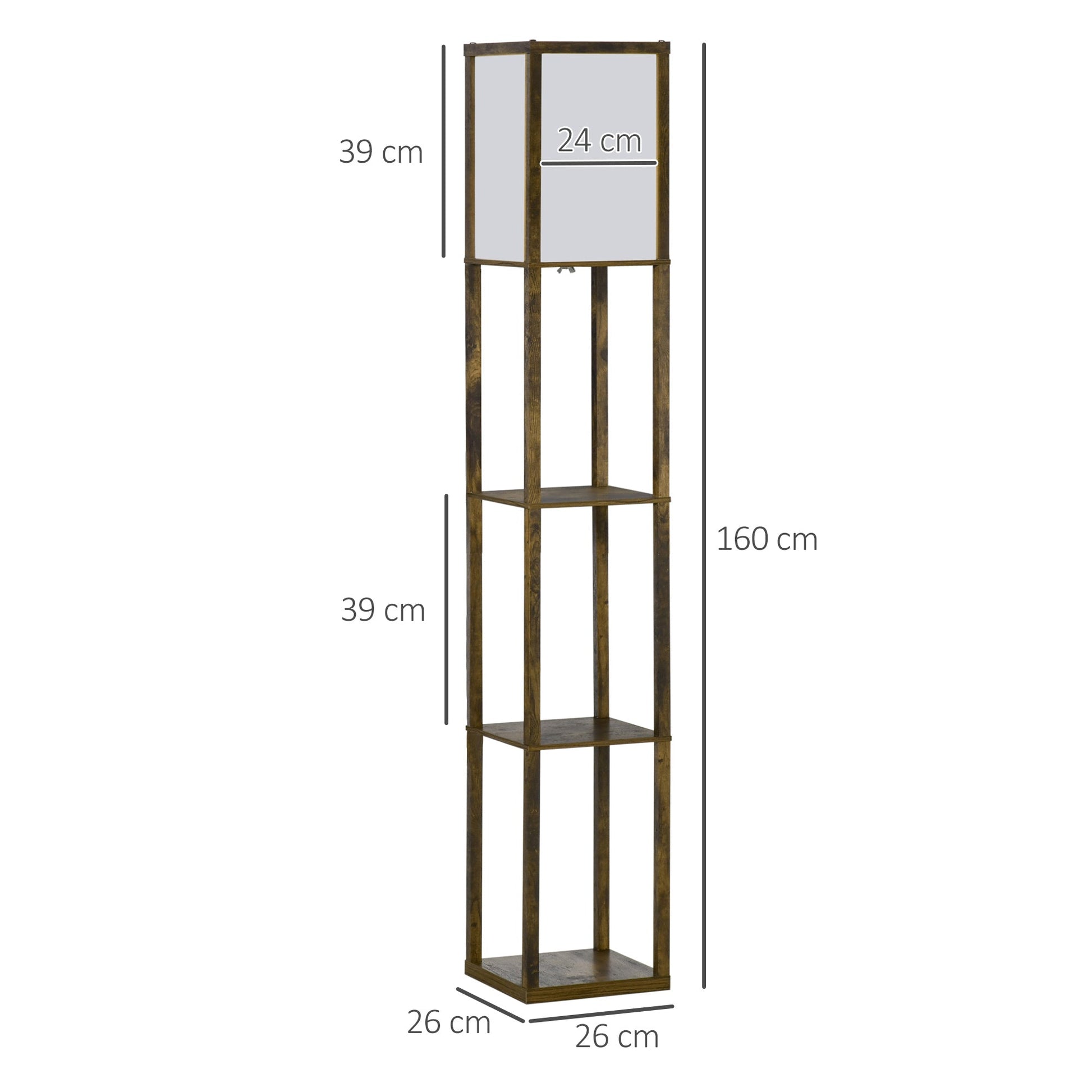 HOMCOM Candeeiro de Pé de Madeira com 3 Prateleiras De Armazenamento para Lâmpada E27 Potência Máx. 40W Candeeiro Moderno para Sala de Estar Dormitório 26x26x160 cm Marrom Rústico - A minha loja