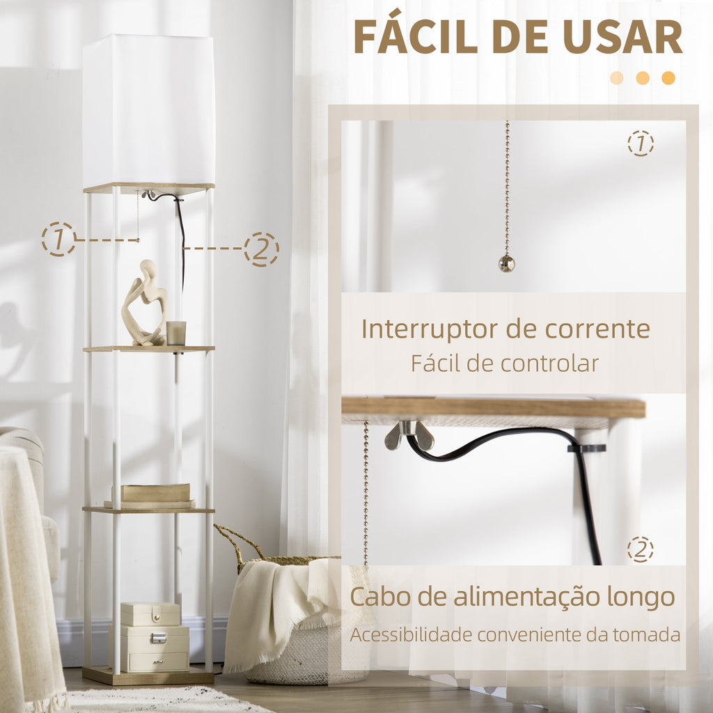 HOMCOM Candeeiro de Pé Moderno com Prateleiras Candeeiro de Pé para Sala de Estar Lâmpada E27 Máx. 40W com Ecrã de Tecido e Interruptor de Pé para Dormitório Escritório 26x26x159cm Branco e Madeira - A minha loja
