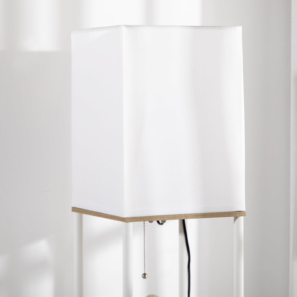HOMCOM Candeeiro de Pé Moderno com Prateleiras Candeeiro de Pé para Sala de Estar Lâmpada E27 Máx. 40W com Ecrã de Tecido e Interruptor de Pé para Dormitório Escritório 26x26x159cm Branco e Madeira - A minha loja