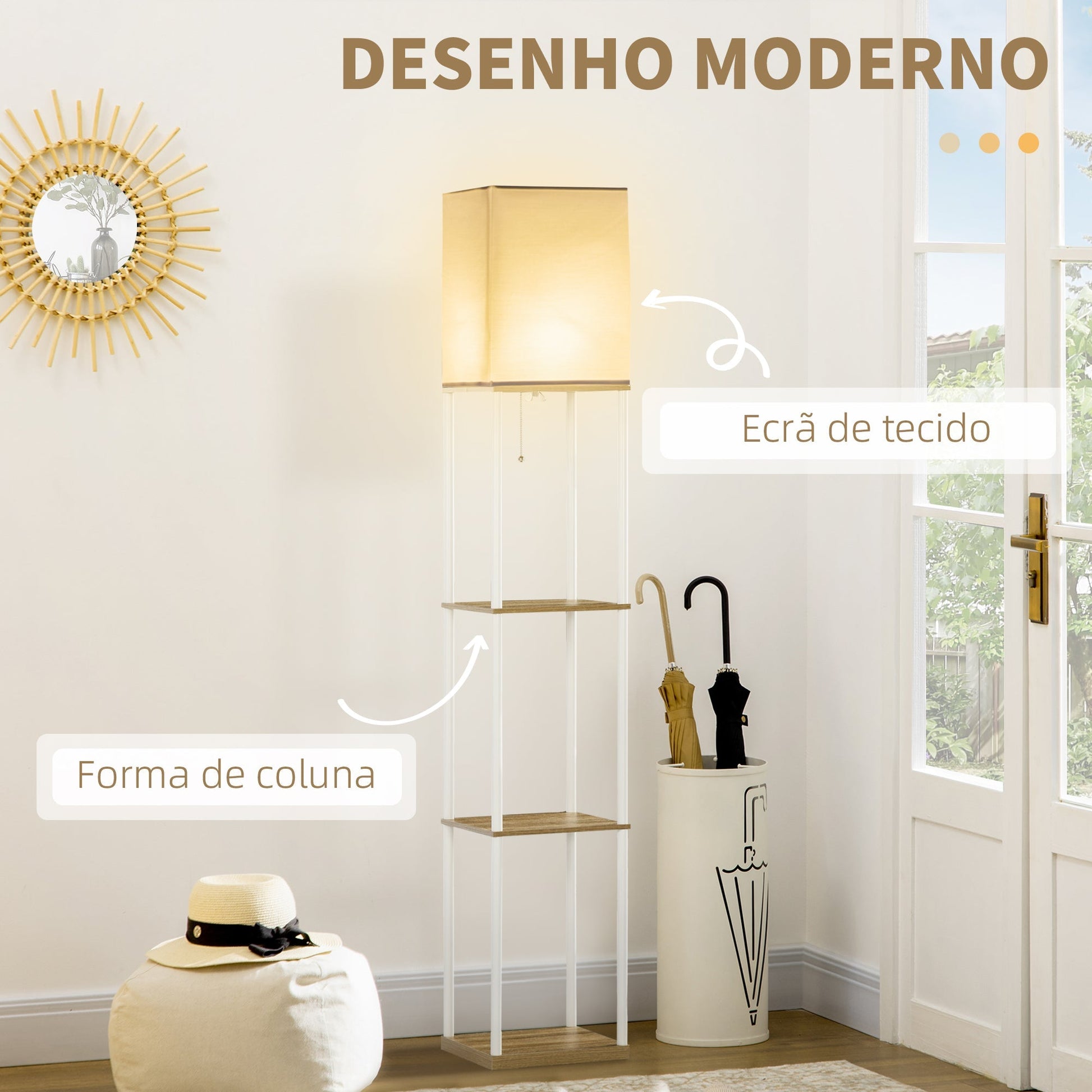 HOMCOM Candeeiro de Pé Moderno com Prateleiras Candeeiro de Pé para Sala de Estar Lâmpada E27 Máx. 40W com Ecrã de Tecido e Interruptor de Pé para Dormitório Escritório 26x26x159cm Branco e Madeira - A minha loja