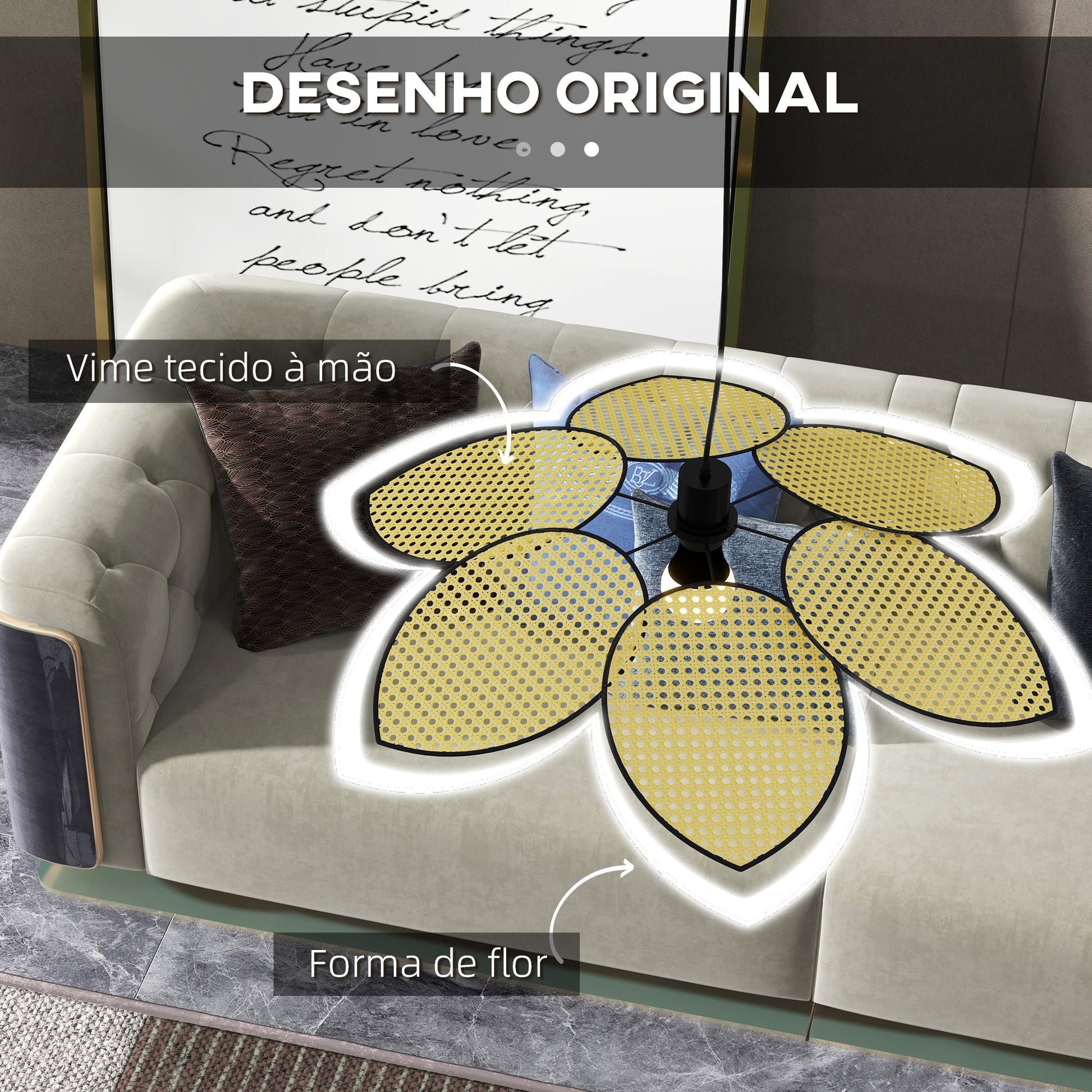 HOMCOM Candeeiro de Teto com Forma de Flor Candeeiro de Teto de Vime Sintético Iluminação de Teto E27 com Cabo Ajustável para Sala de Estar Dormitório Sala de Jantar Ø68x115 cm Madeira - A minha loja