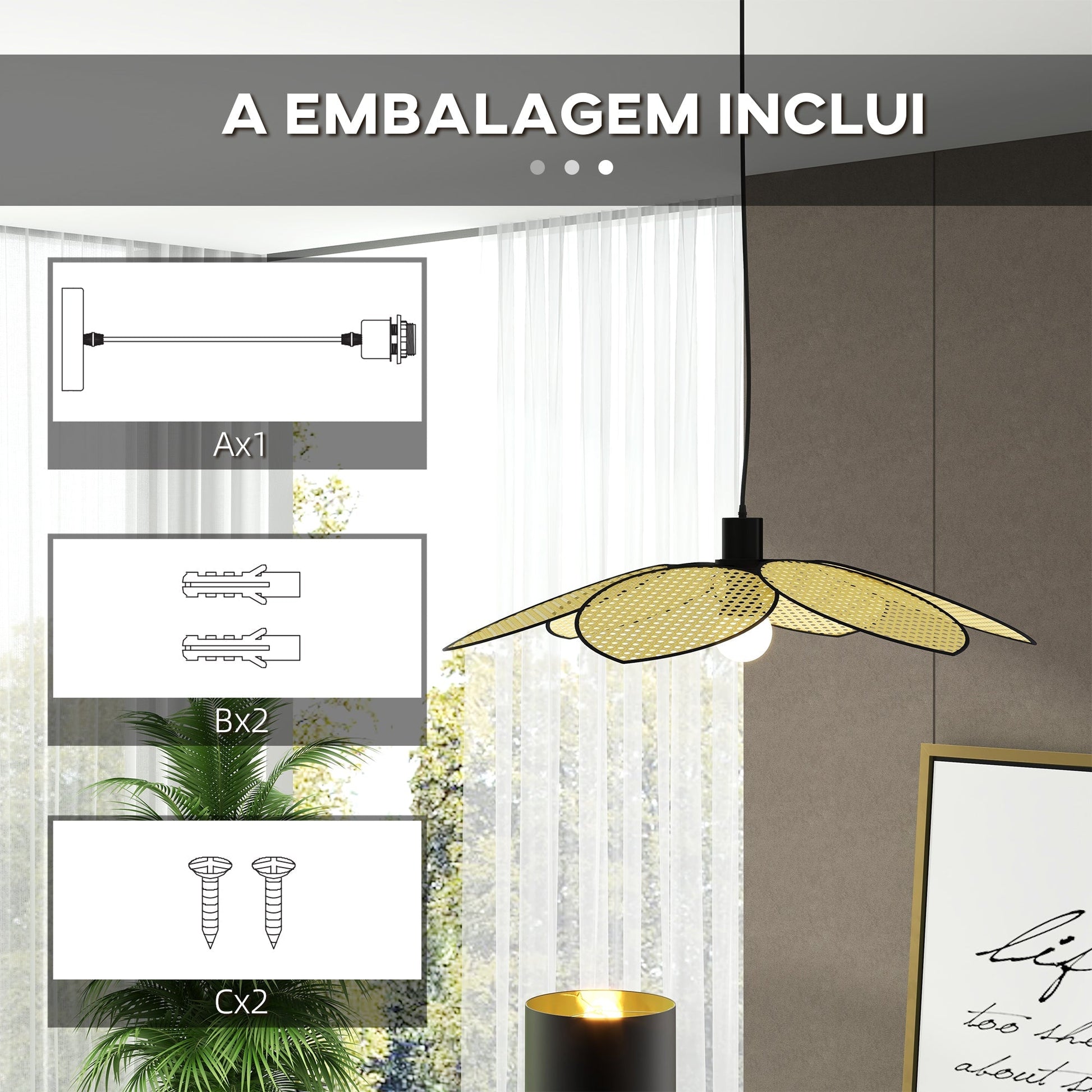 HOMCOM Candeeiro de Teto com Forma de Flor Candeeiro de Teto de Vime Sintético Iluminação de Teto E27 com Cabo Ajustável para Sala de Estar Dormitório Sala de Jantar Ø68x115 cm Madeira - A minha loja