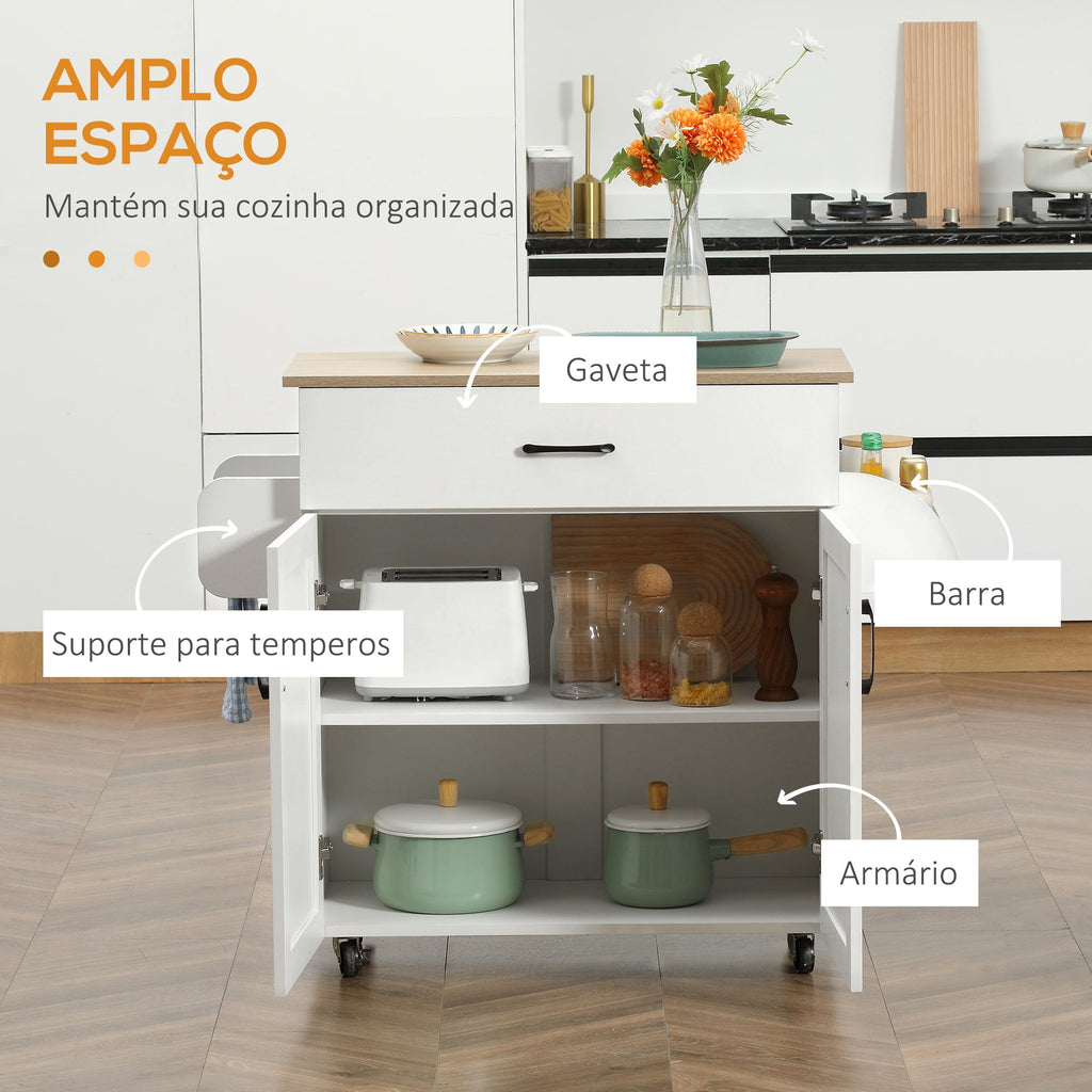 HOMCOM Carrinho de Cozinha com 1 Gaveta 2 Portas Suporte para Panos e Especies Carrinho Auxiliar com Rodas para Sala de Jantar Carga Máxima 105x36x85cm Branco - A minha loja